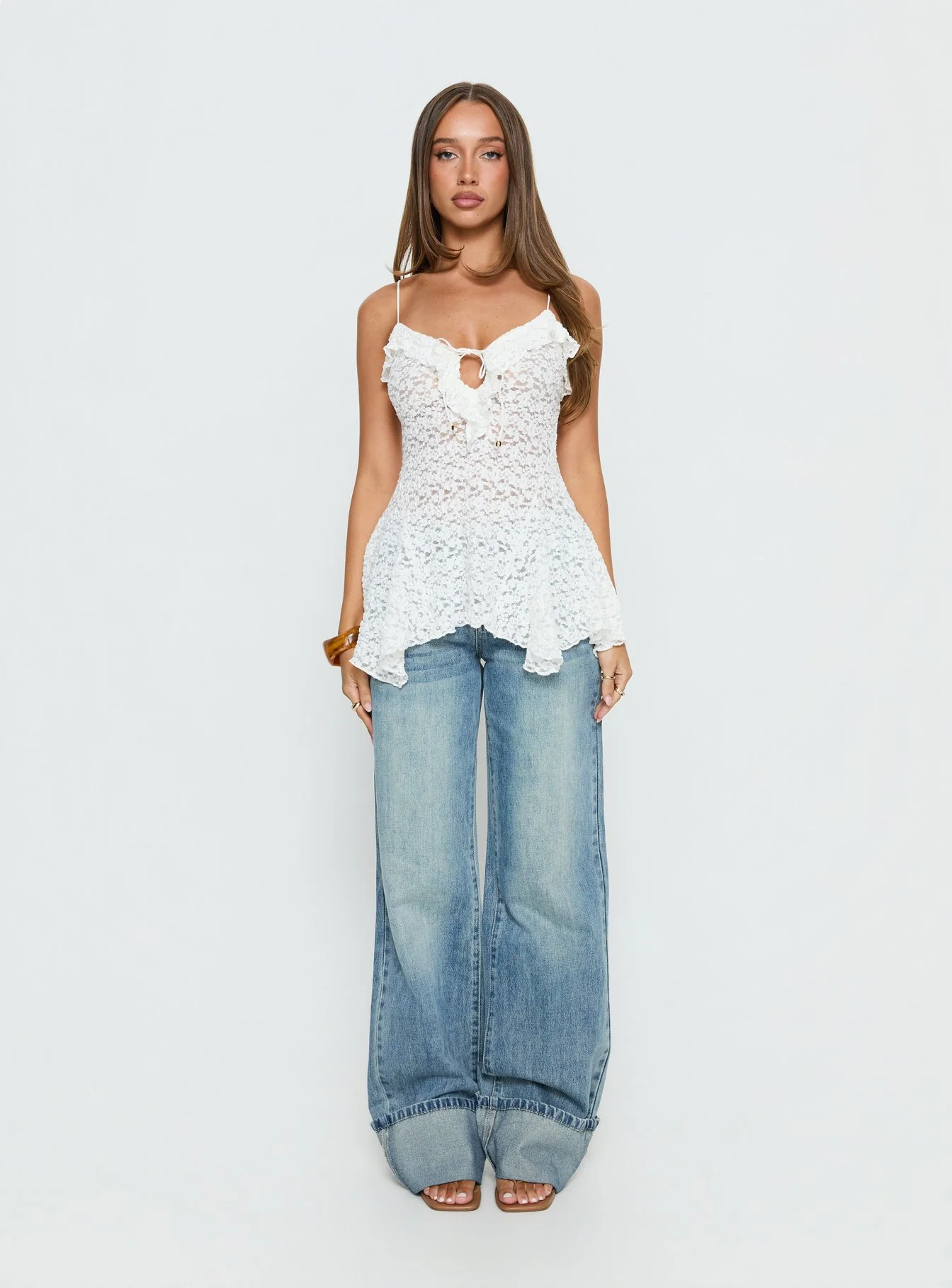 Medinilla Ruffle Tie Front Top White Lace