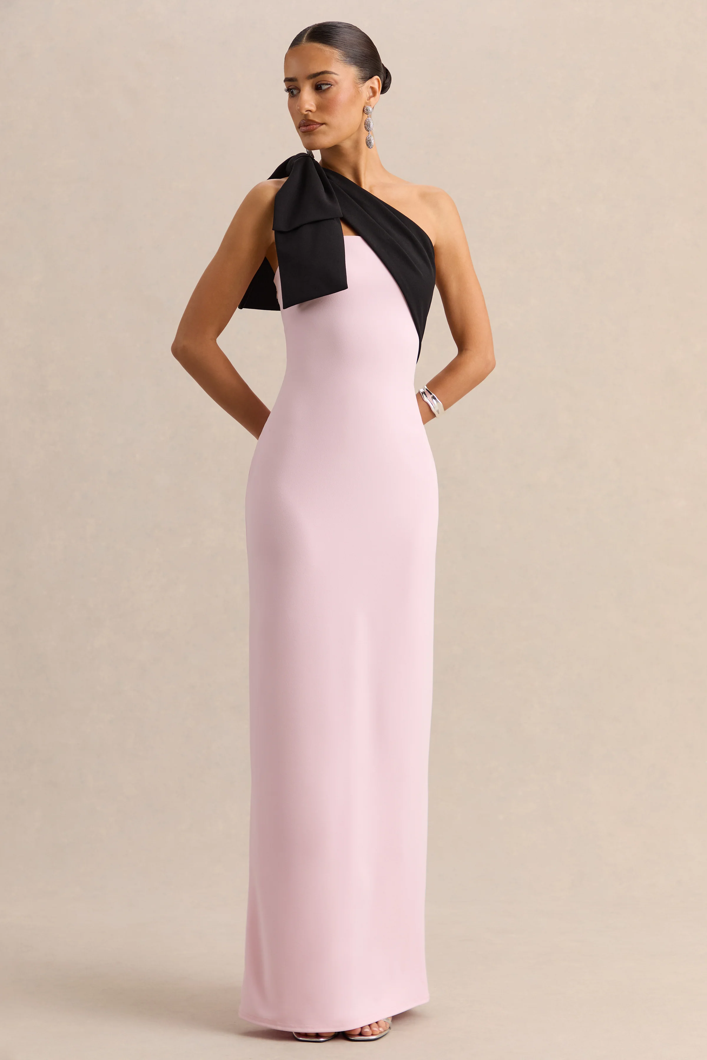 Adara | Pink & Black One Shoulder Maxi Dress With Back Split and Bow Detail