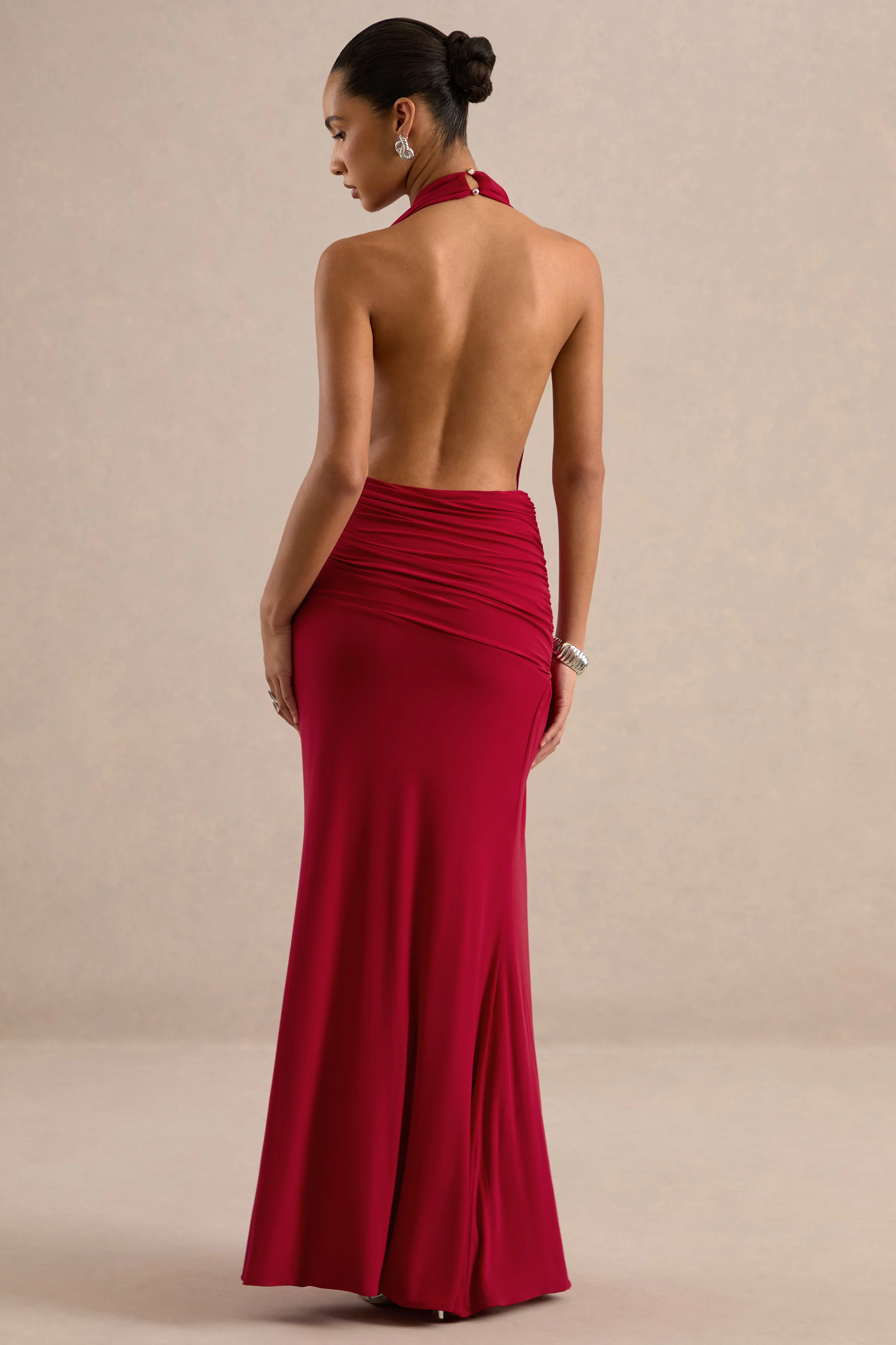 Tilly | Red Jersey Ruched Plunge Wrap Maxi Dress With Open Back And Split