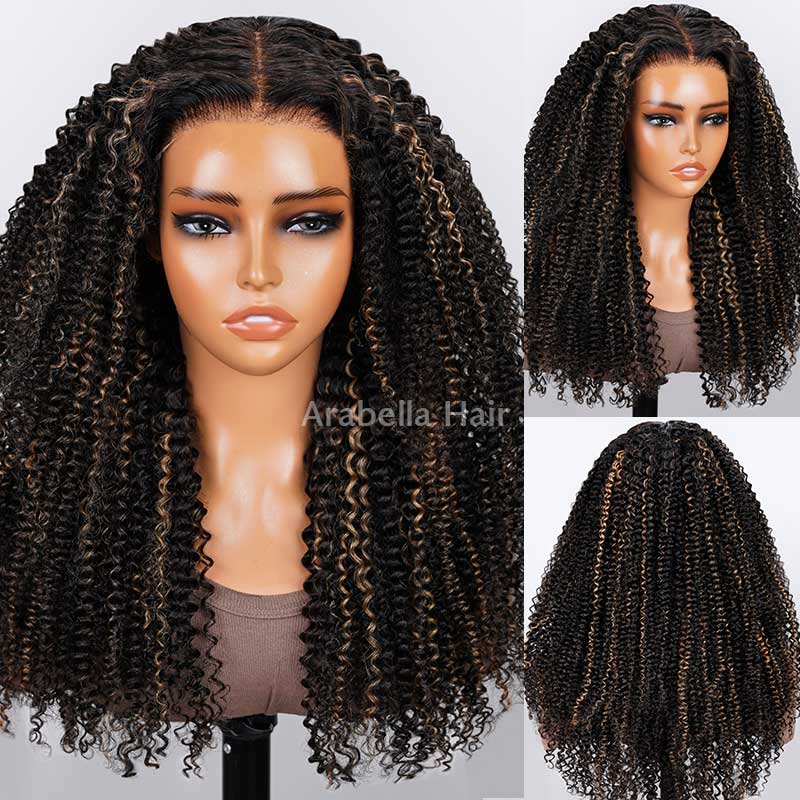 Ophirawig 6x5 invisible knots Glueless Honey Blonde Highlights On Black Kinky Curly Wig Pre-cut Lace Beginner Friendly
