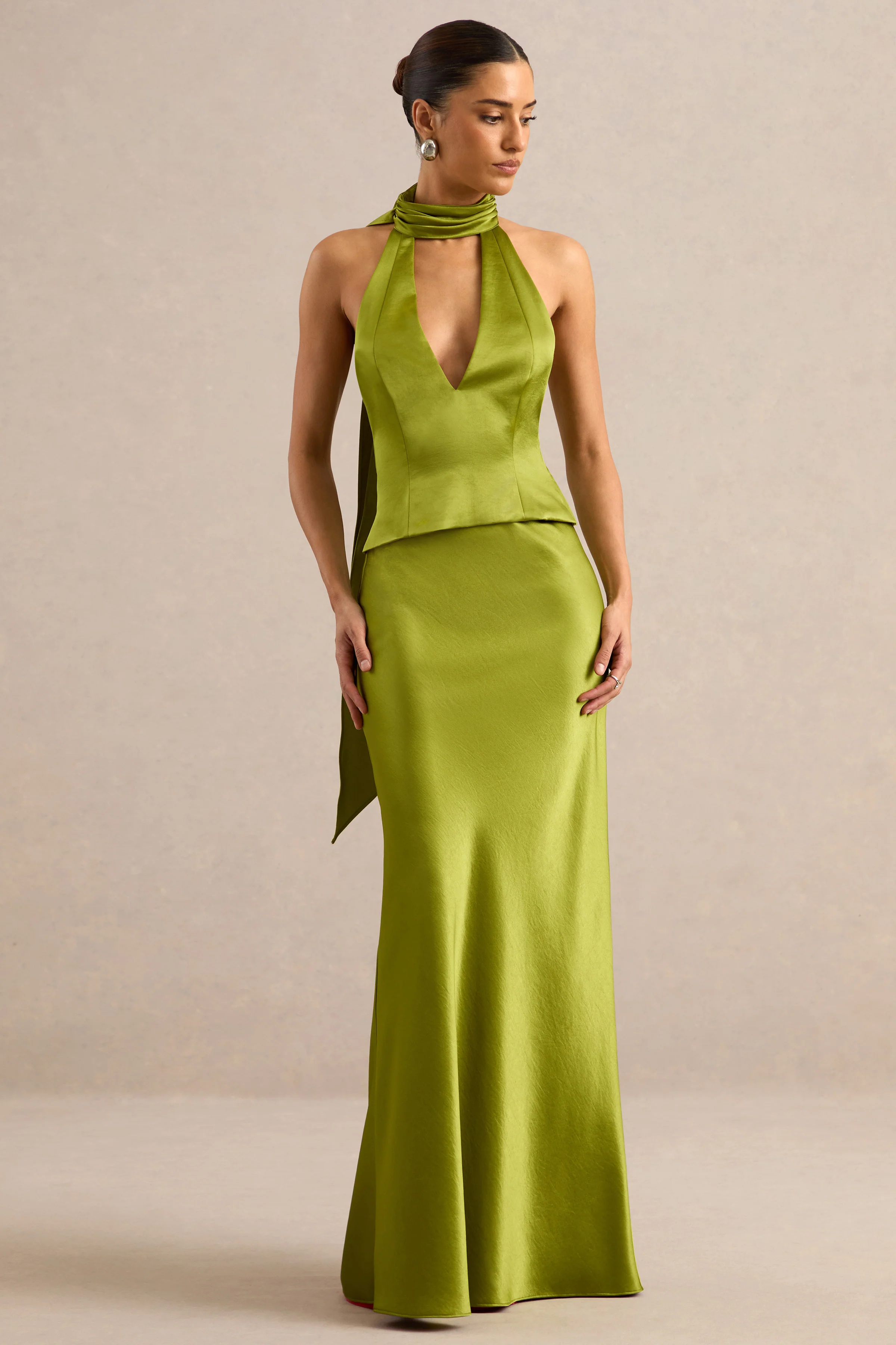 Lareina | Olive Satin Maxi Skirt