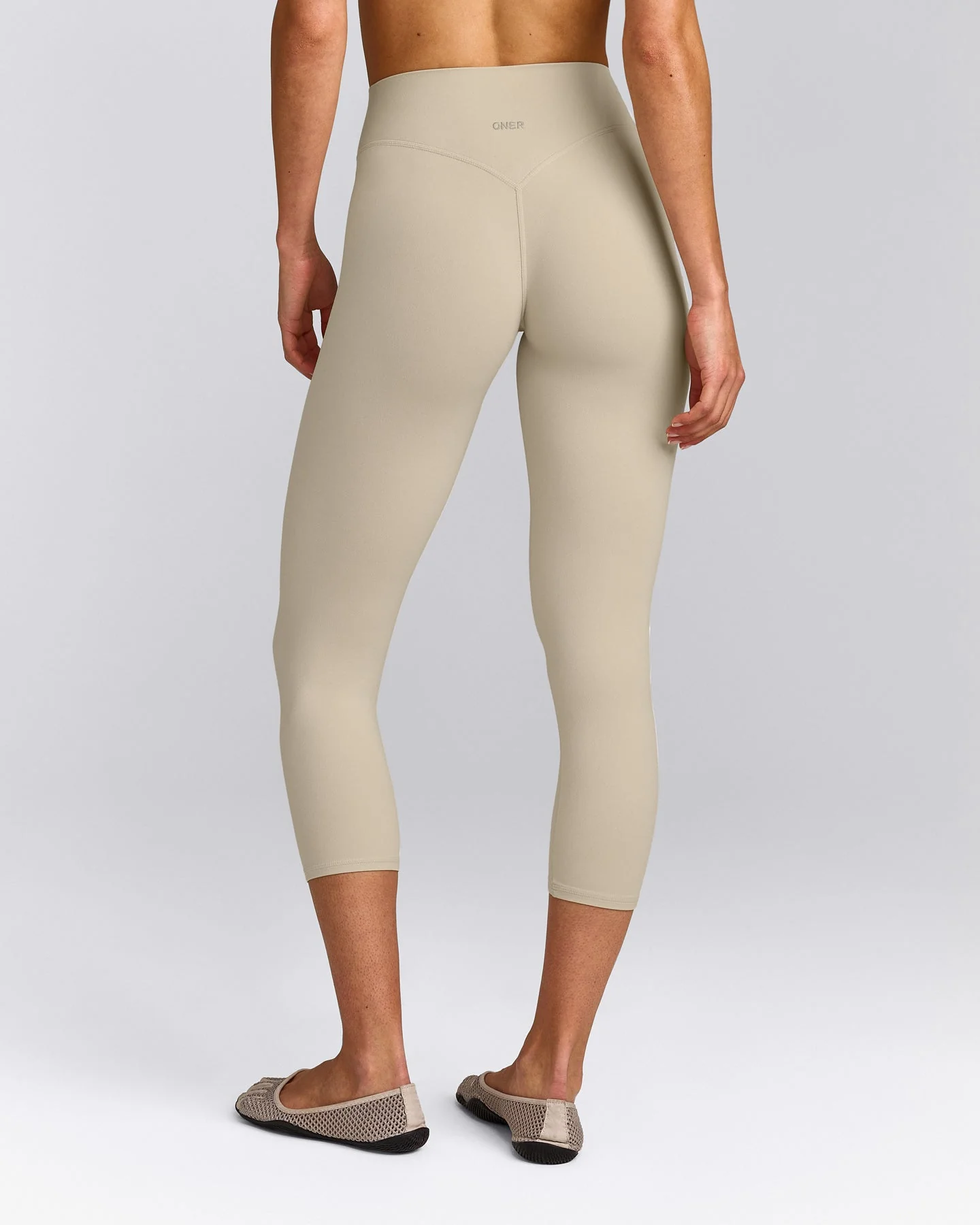 SoftMotion™ 3/4 Length Leggings with Grey Logo | Oatmeal