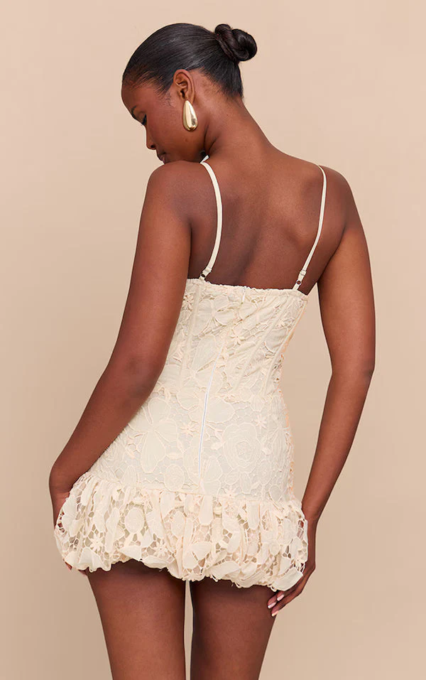 Butter Yellow Floral Cup Detail Extreme Puffball Hem Dress