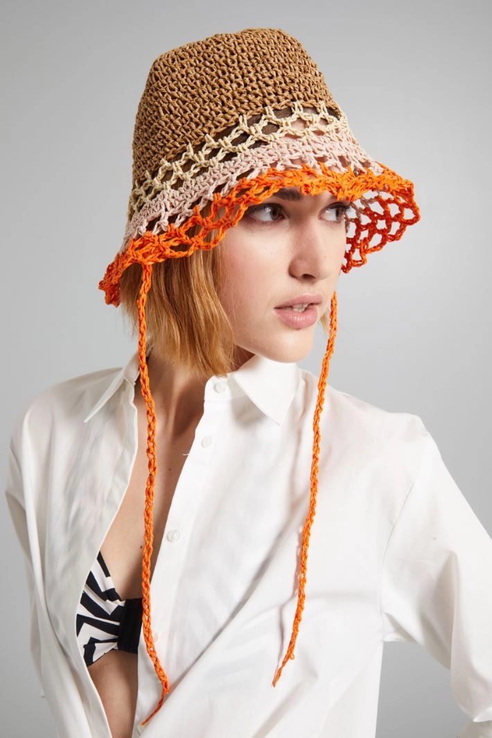 Tie-embellished cloche hat - ORANGE BEIGE PINK
