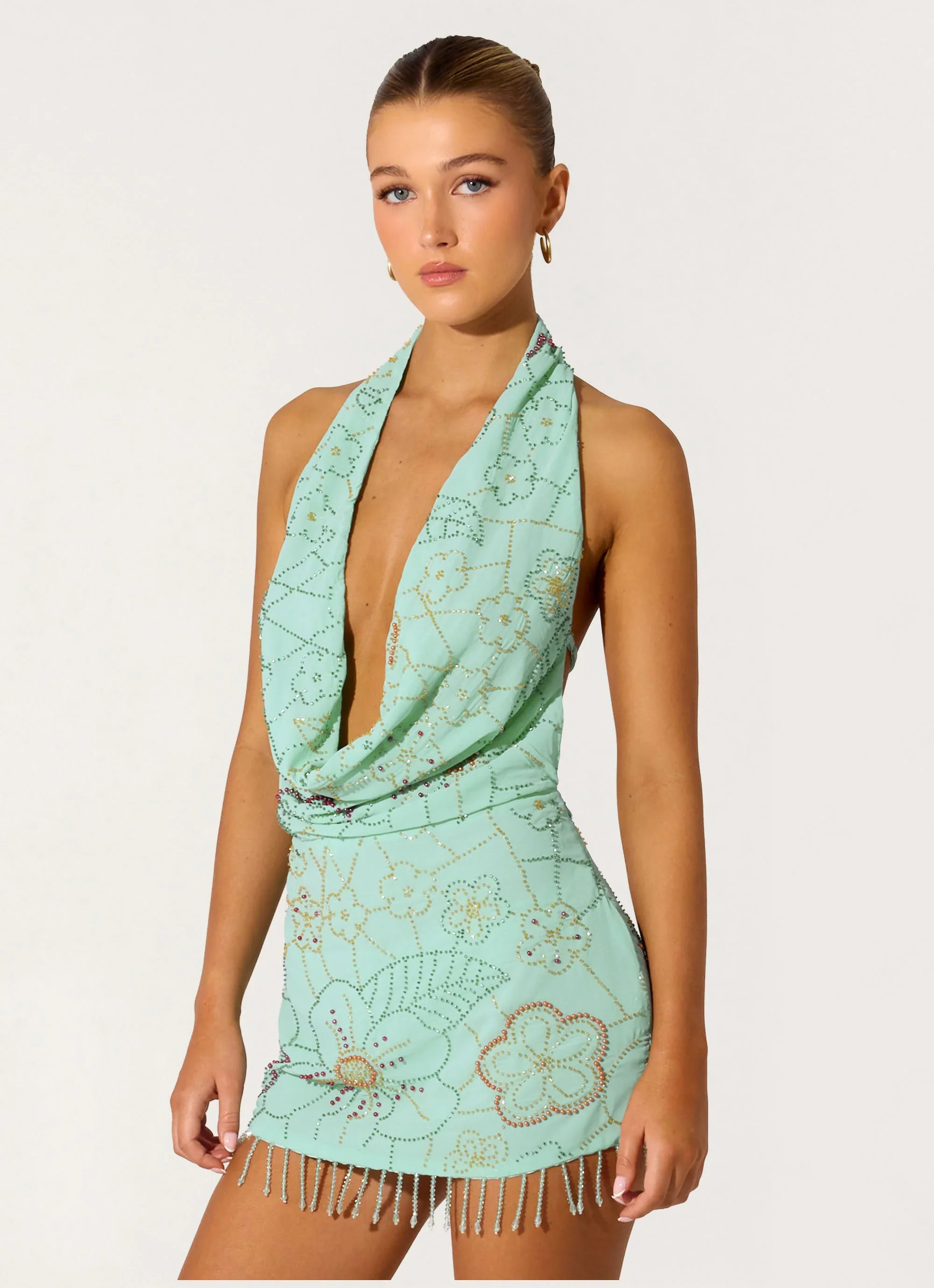 Outlaw Beaded Mini Dress - Mint Aqua