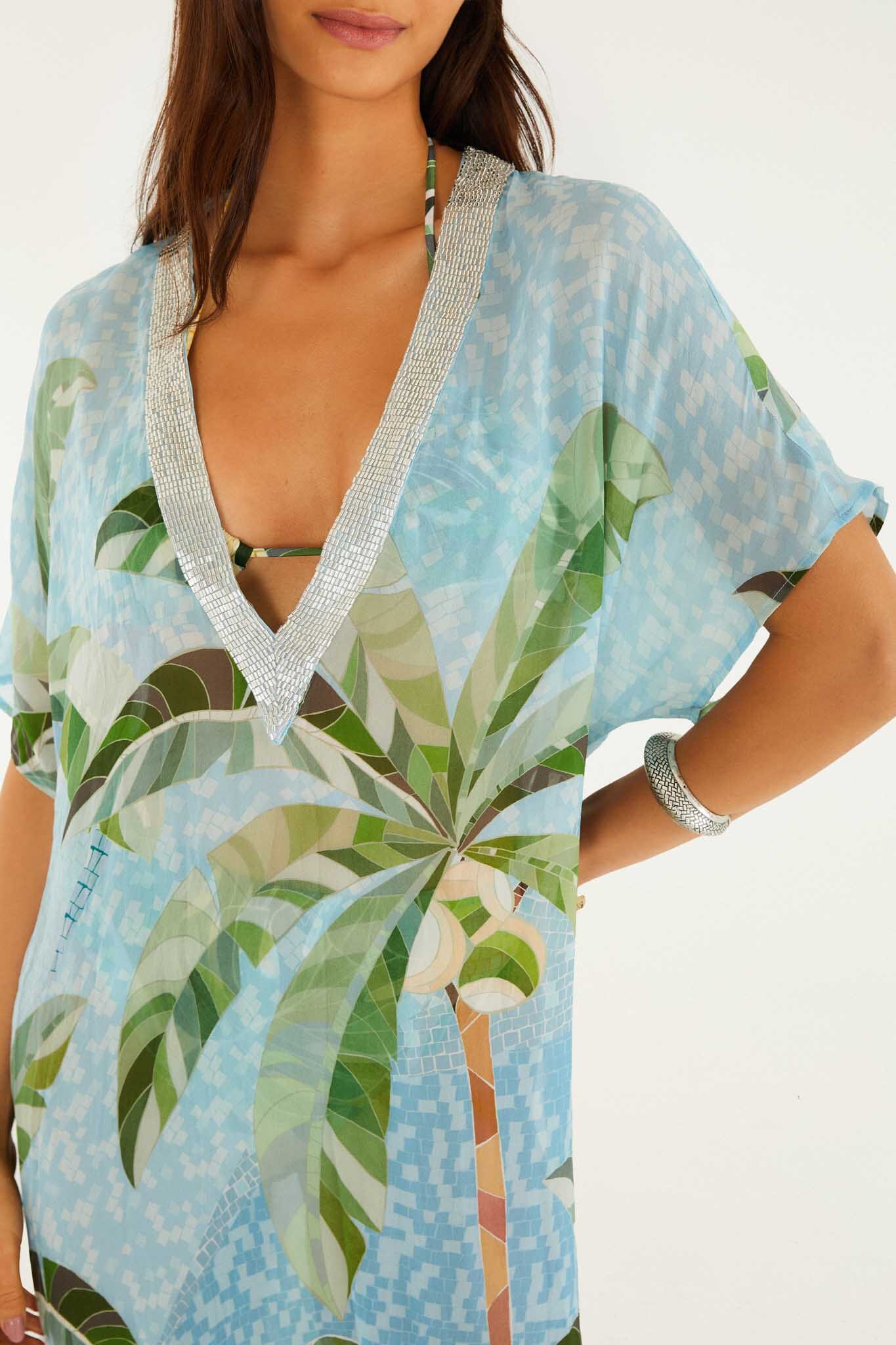 Blue Embroidered Side Slits Maxi Kimono