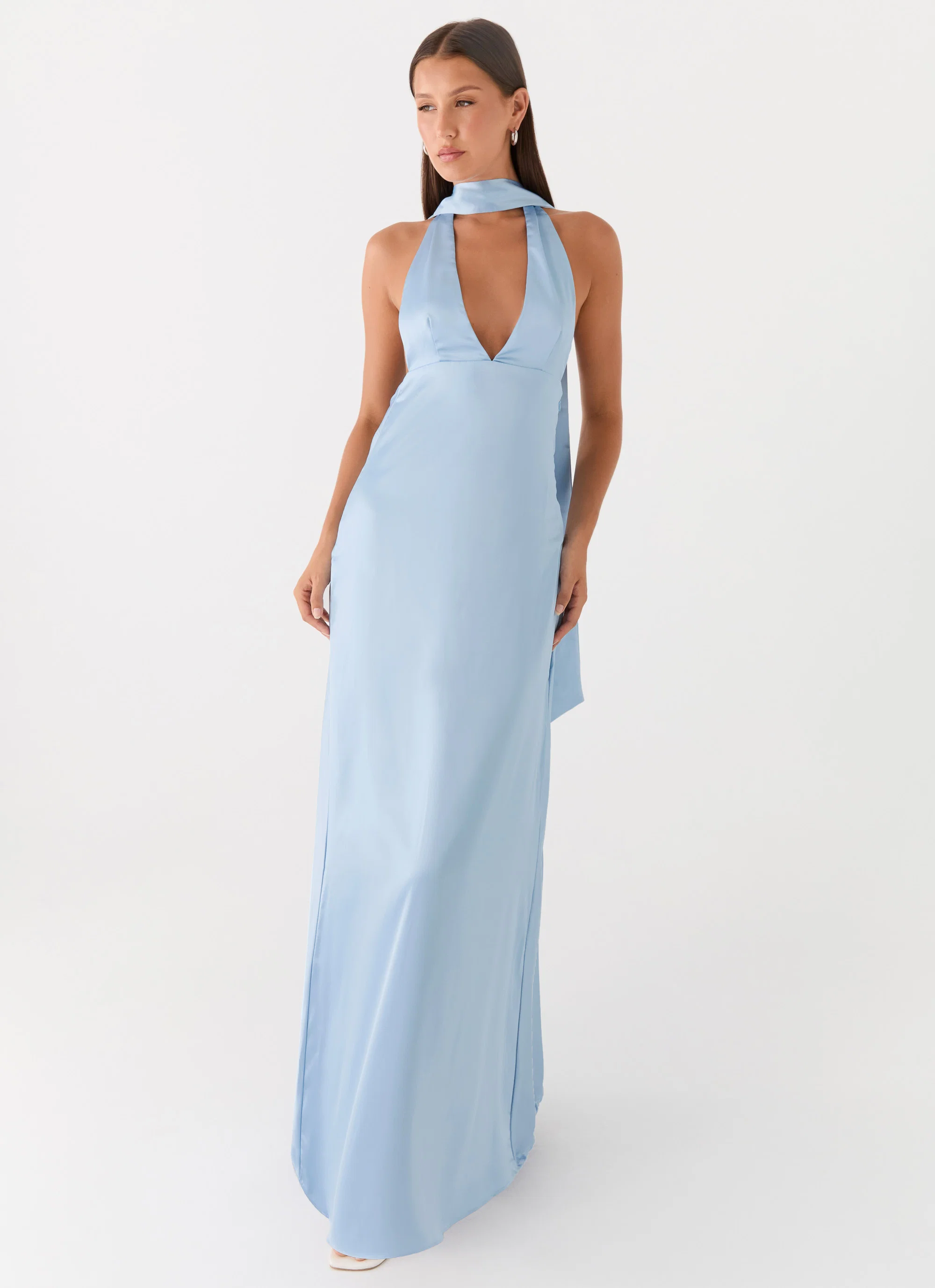 Alicia Satin Halter Maxi Dress - Baby Blue