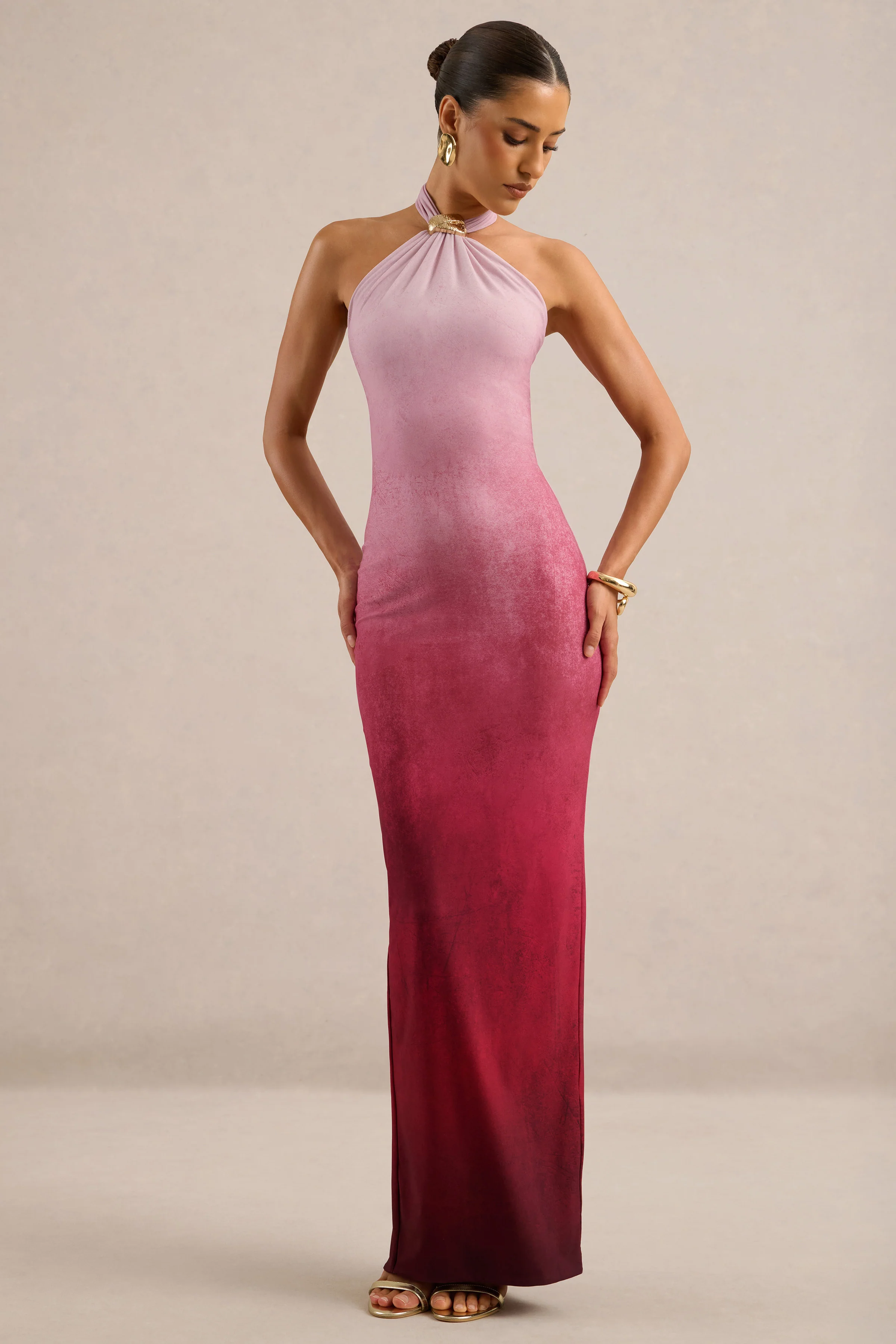 Thera | Berry Ombre Print Jersey Halter Maxi Dress With Gold Trim Detailing And Back Split