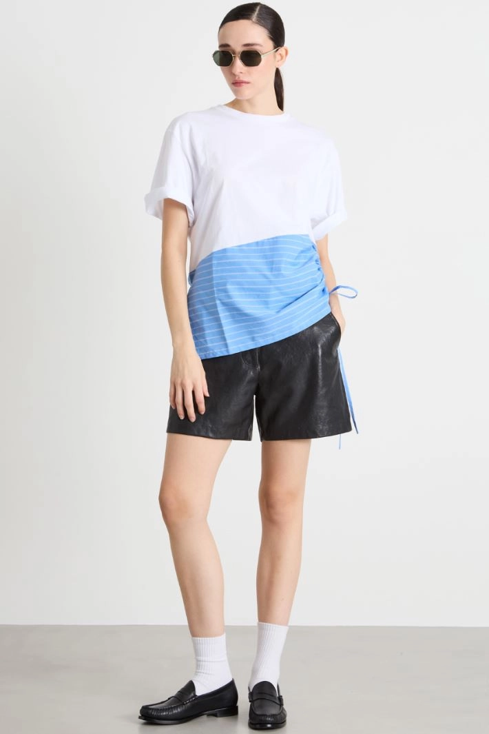 Drawstring-detail T-shirt - WHITE LIGHT BLUE