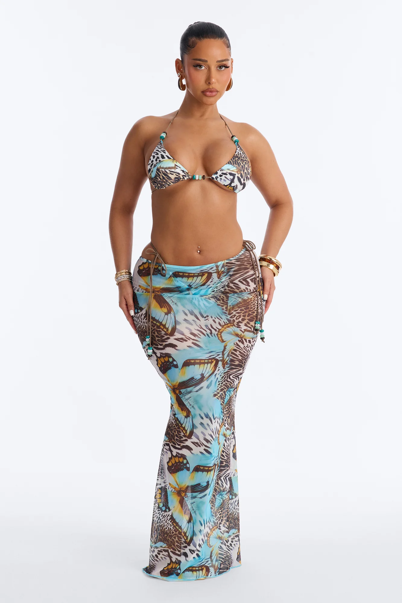 Nila Mixed Beaded Print 3 Piece Triangle Bikini & Skirt Set - Blue/combo