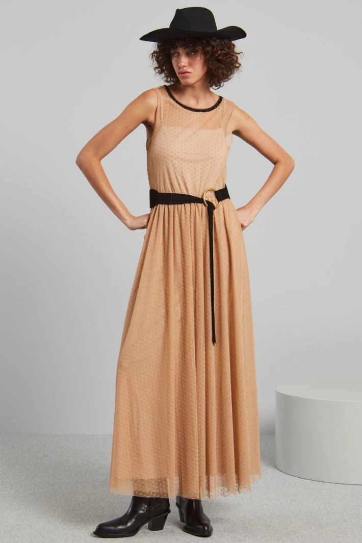 Long tulle plumetis dress - BEIGE