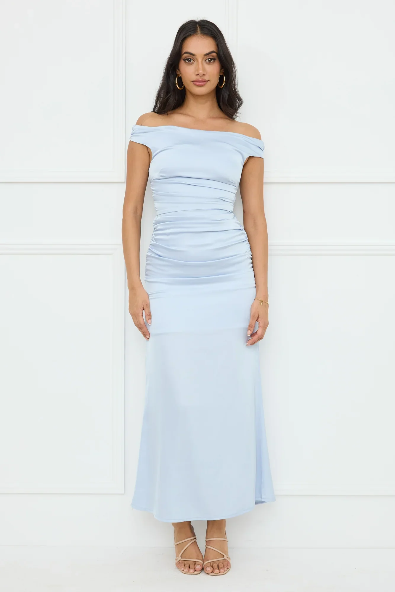 Polished Radiance Off Shoulder Satin Maxi Dress Blue