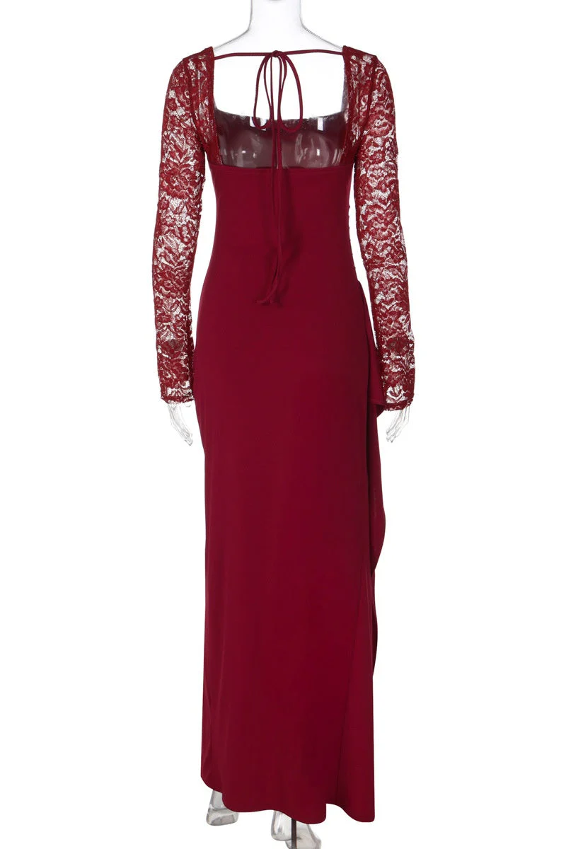 Wine Red Long Sleeves Frill Slit Long Dress