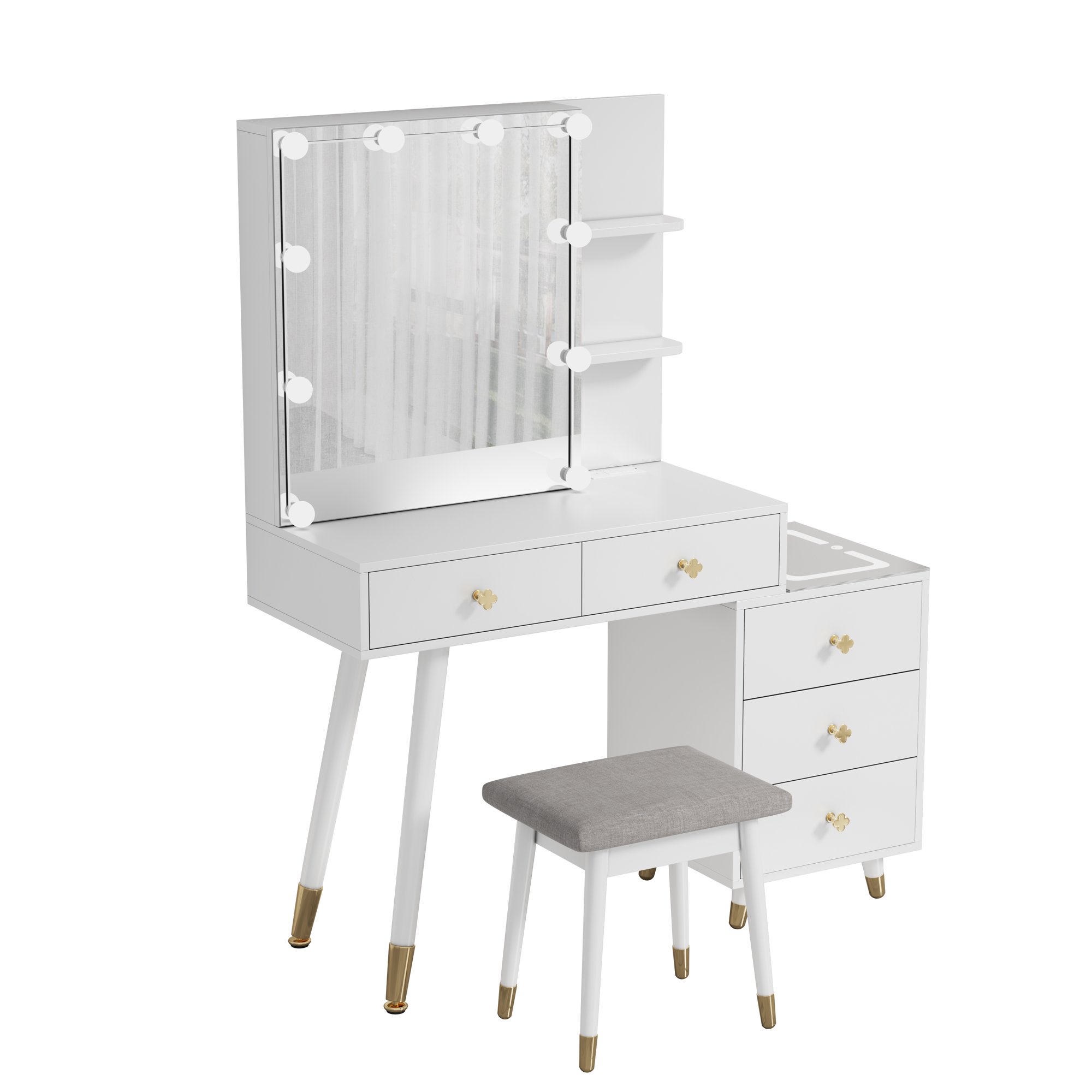Gzxs Black Vanity Table Set with Gray Cushioned Stool, Wooden Dressing Desk with 5 Drawers,Storage Shelves,Charging Station,Three-Tone Lighting Panel, Mirrored Cabinet with 10 LED Lamps