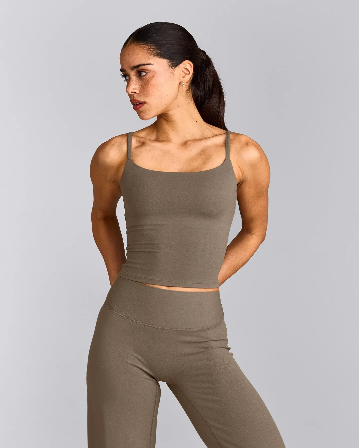 SoftMotion™ Strappy Mid Vest with Built in Bra Shelf with Grey Logo | Moss Brown