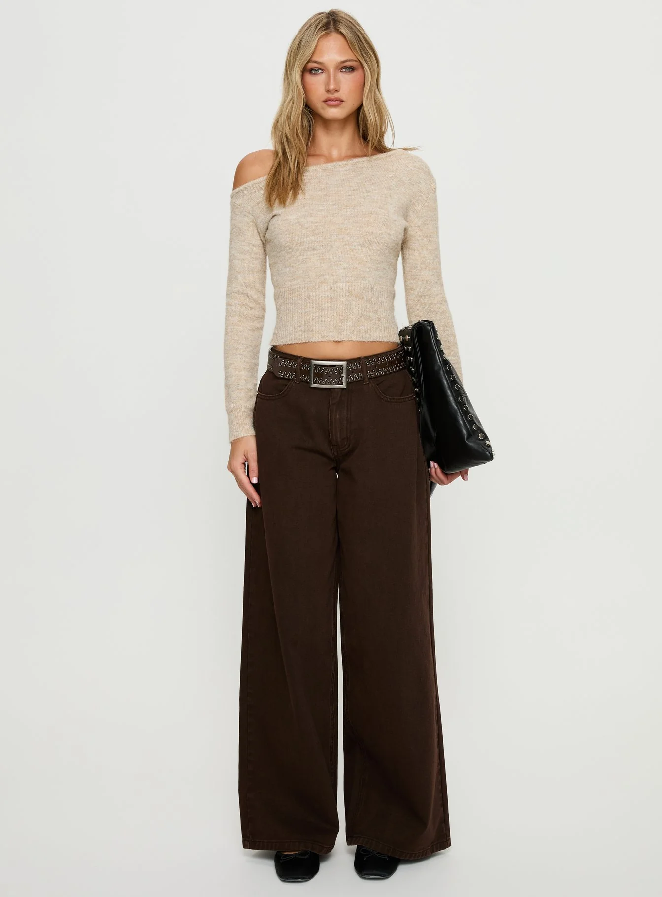 Selbey Fluffy Cinched Waist Off Shoulder Top Cream Marle