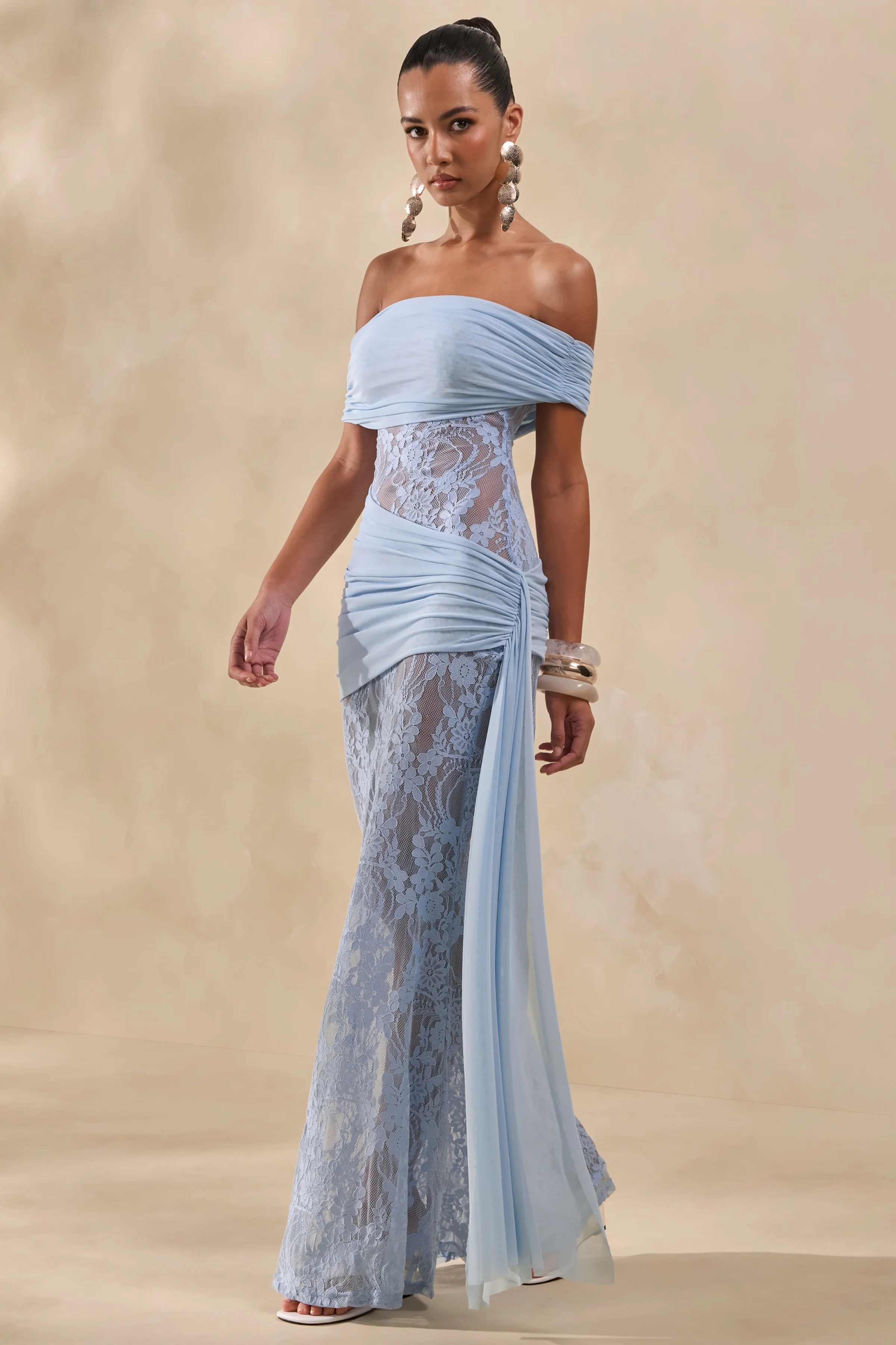 Enavine | Powder Blue Lace Bardot-Neck Maxi Dress With Gathered-Detailing And Sash