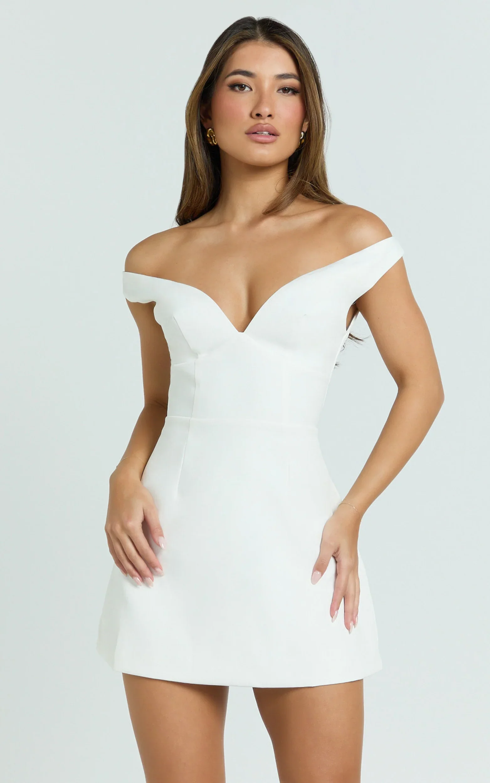 Irene Mini Dress - Off Shoulder Bustier Tulip Skirt Dress in White