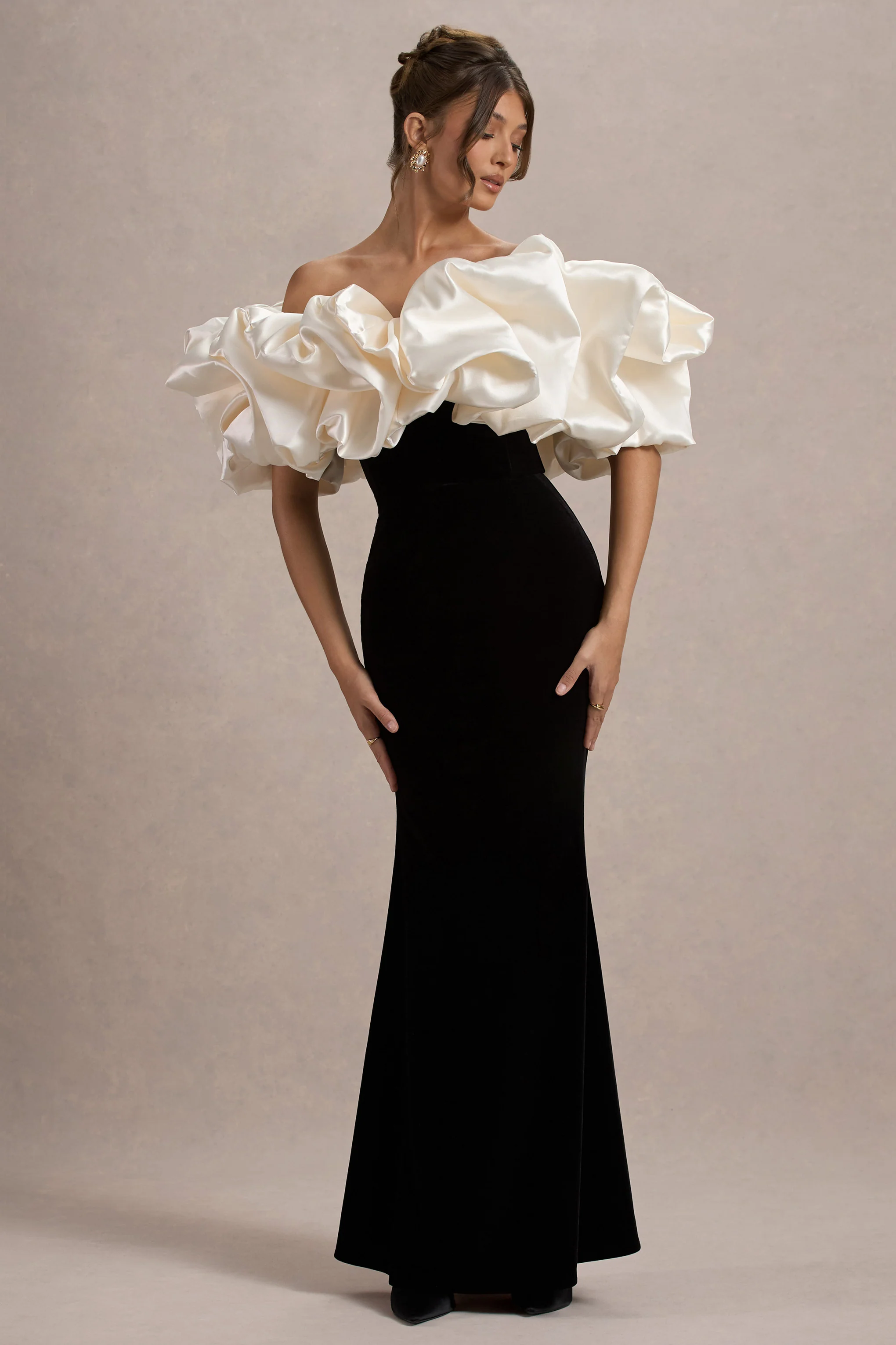 Cecily | Black Velvet Bardot Maxi Dress With Satin Ruffle Trim