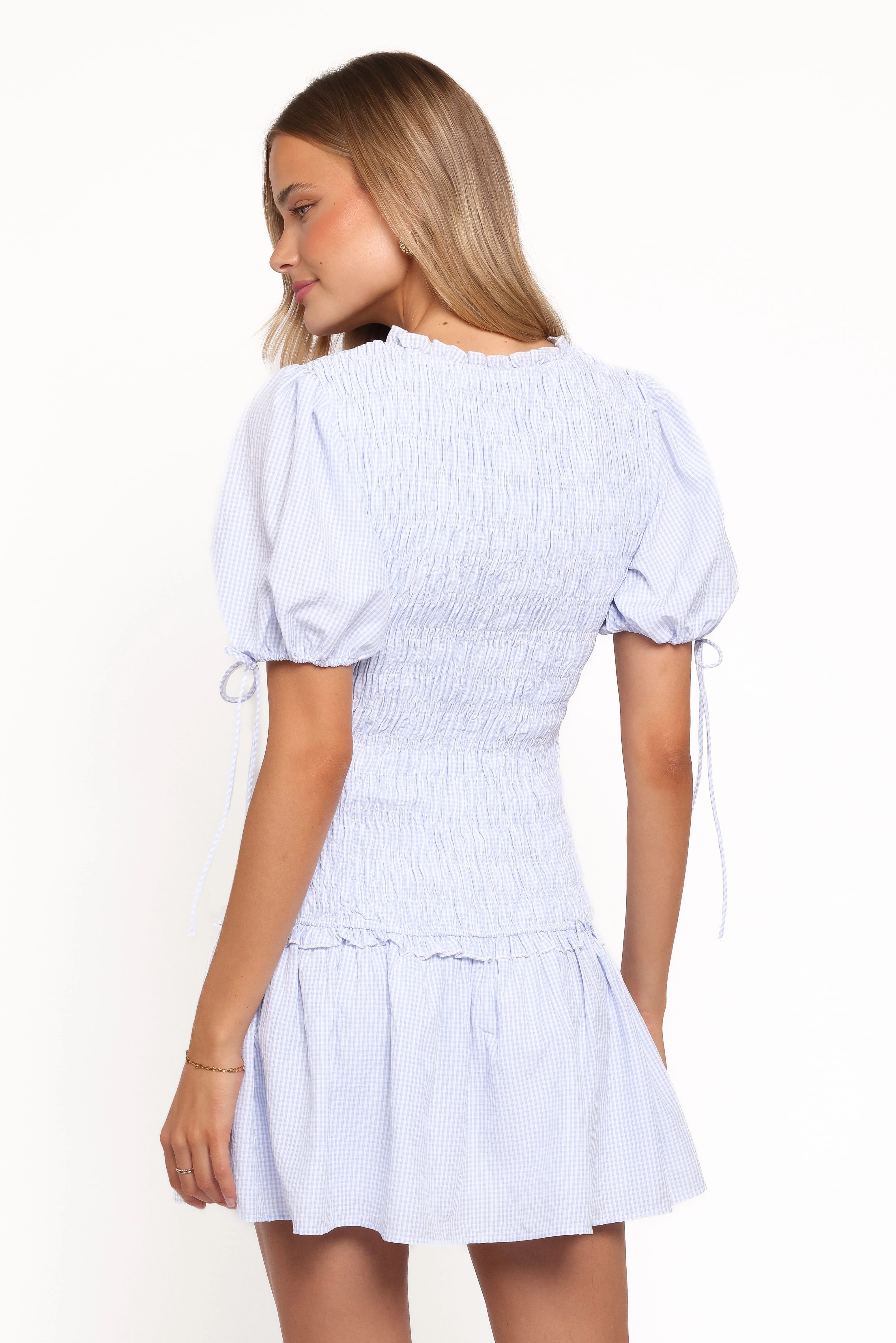 Kaelyn Gather Mini Dress - Blue Gingham