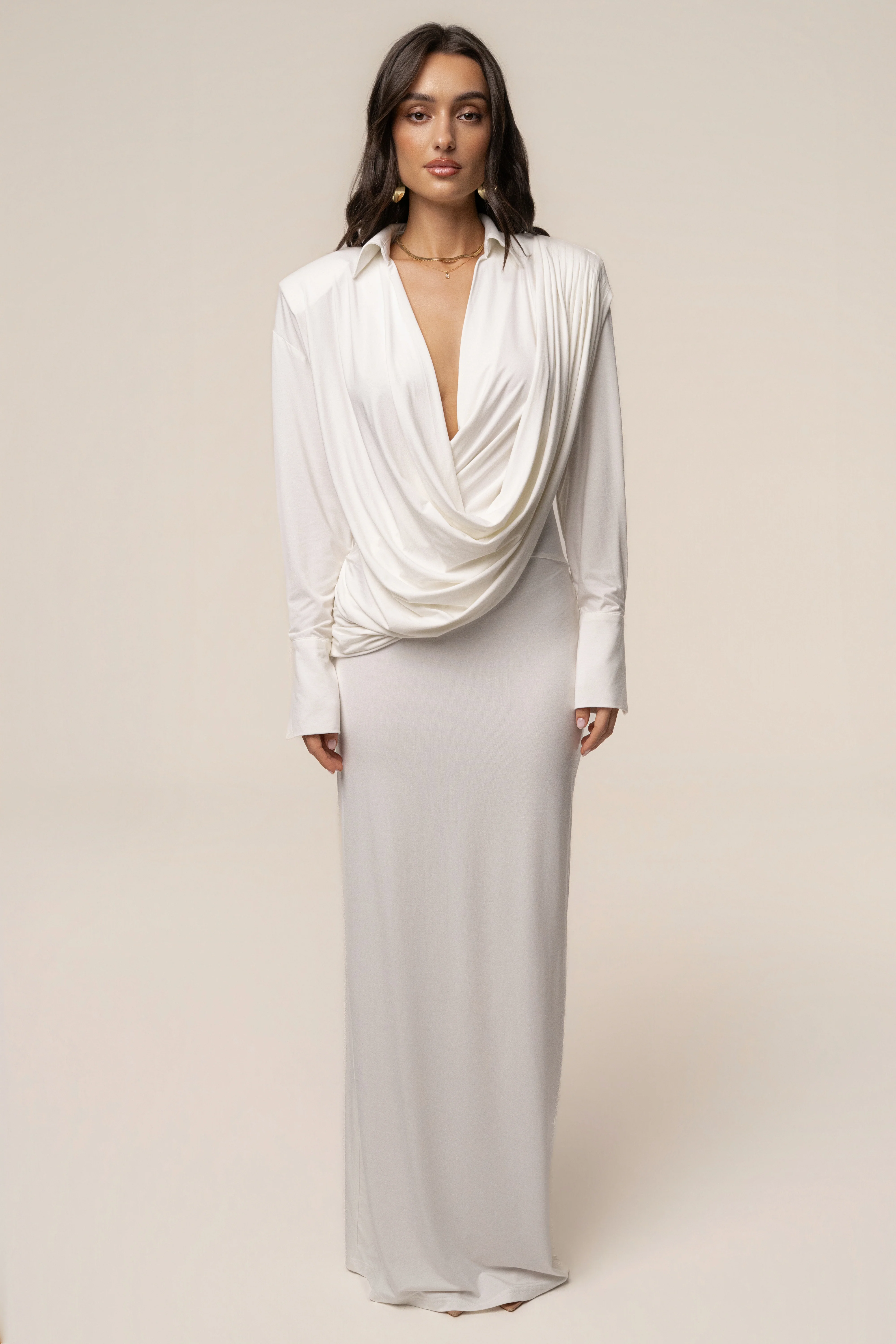 Ivory Poise Draped Maxi Dress