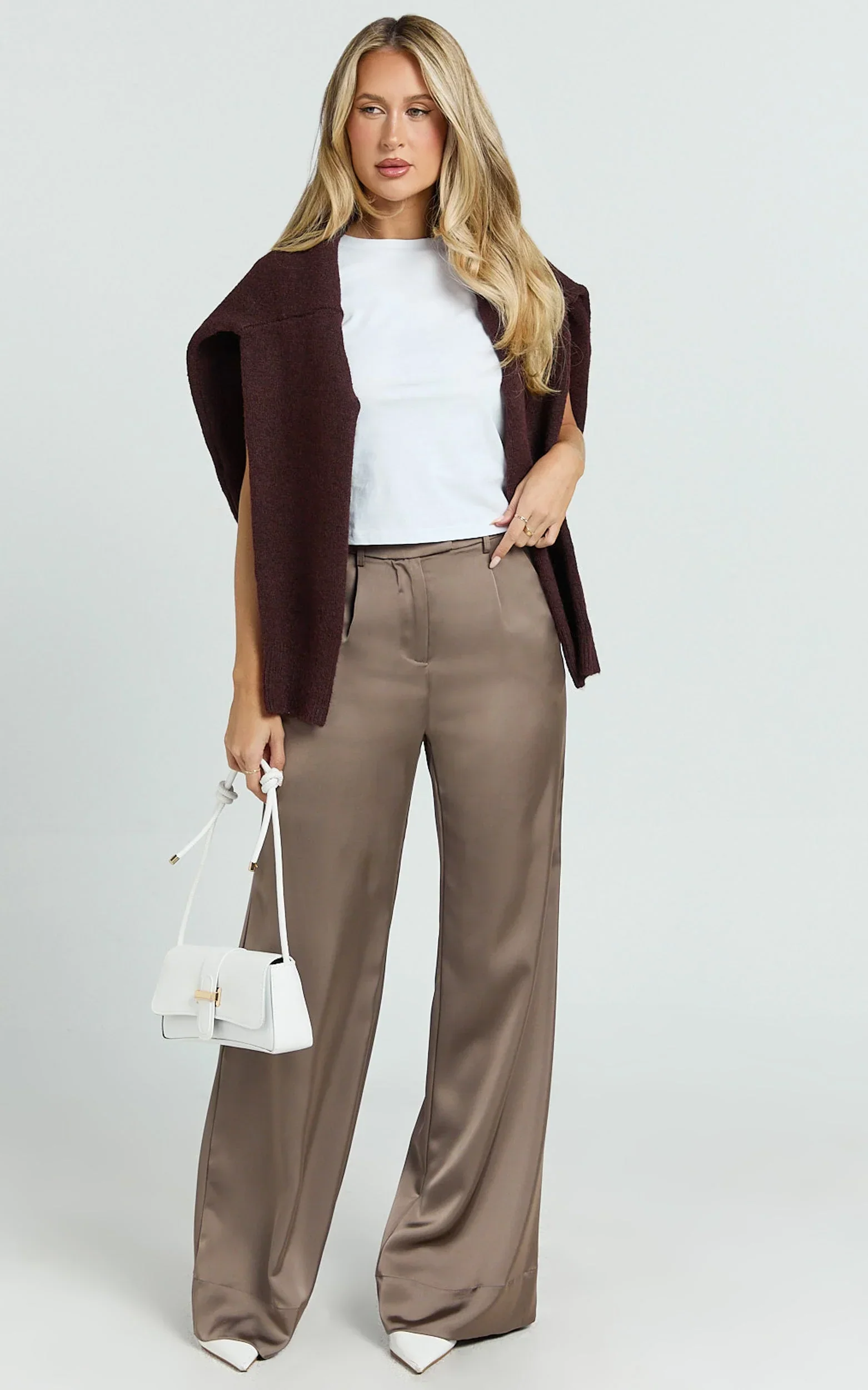 Cade Pants - Mid Waisted Front Pleat Satin Wide Leg Pants in Taupe