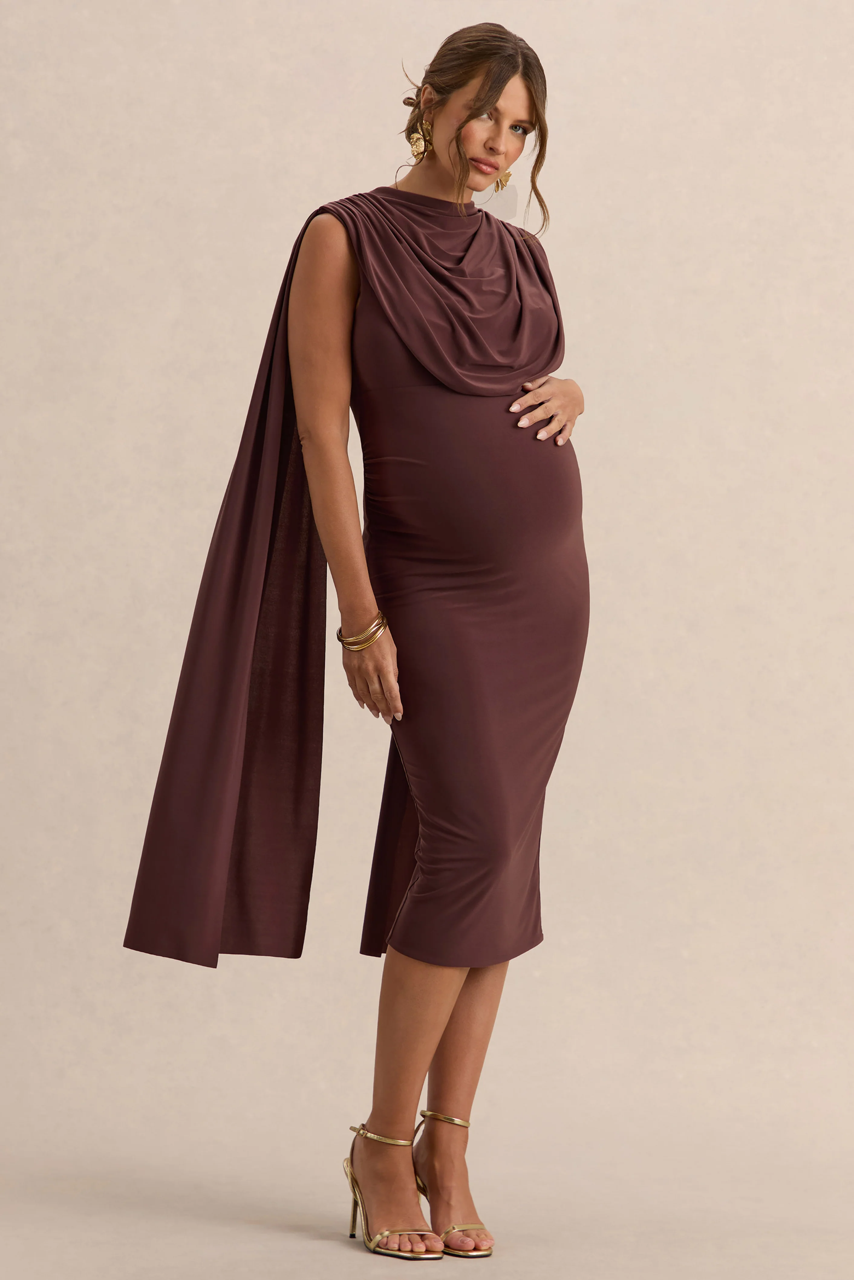 Milaine | Dark Brown Round-Neck Maternity Midi Dress With Cape Sleeves
