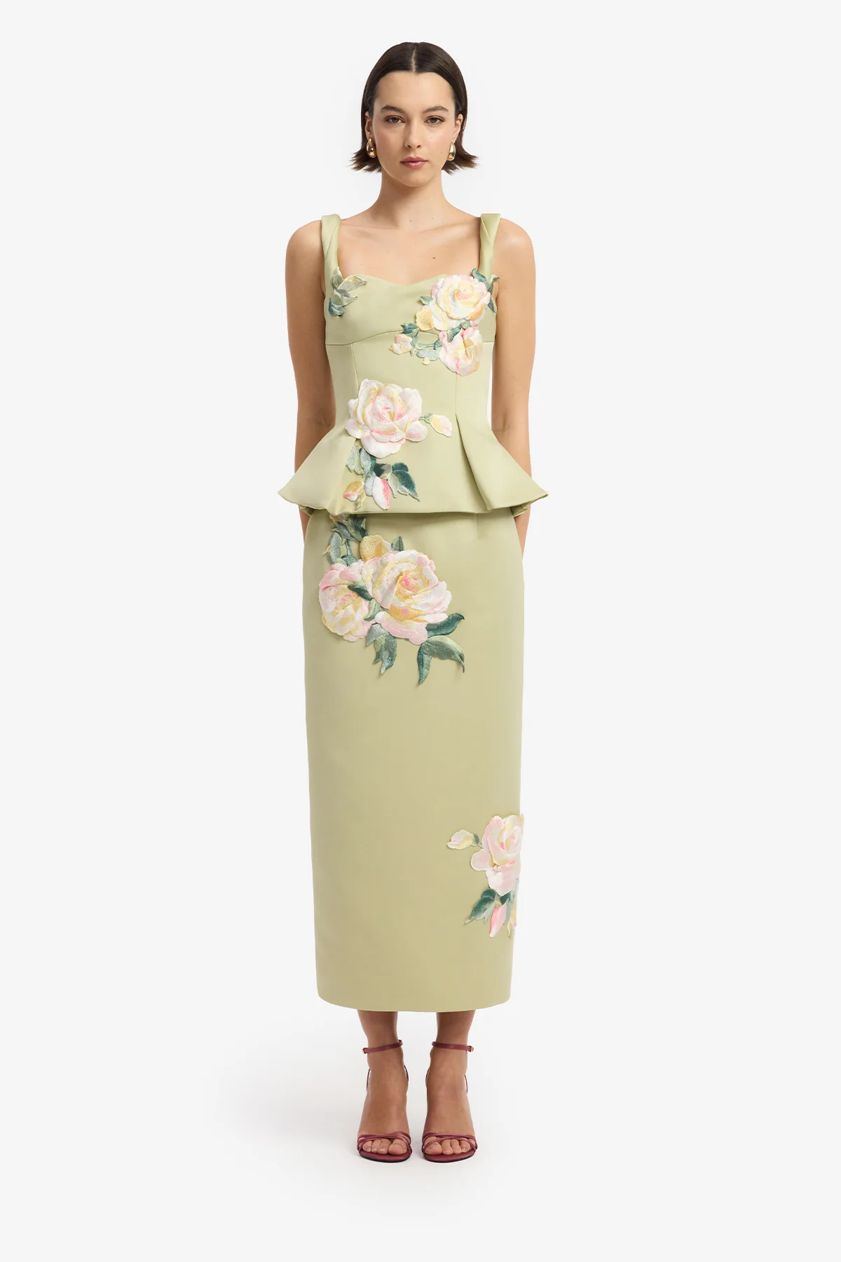 Quinn Embroidered Midi Skirt - Pistachio Rose Print