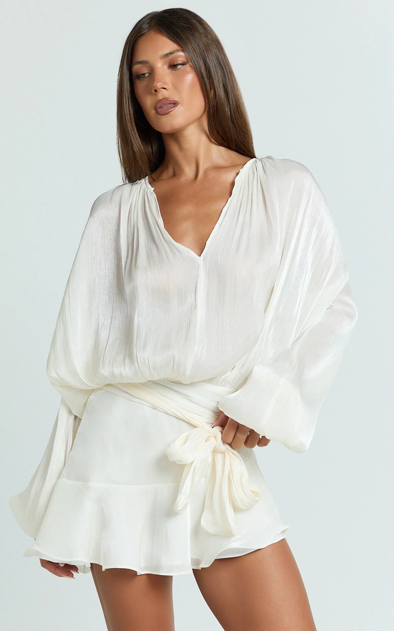 Carmela Mini Dress - Long Sleeve Tie Neck Ruffle Skirt Dress in Off White