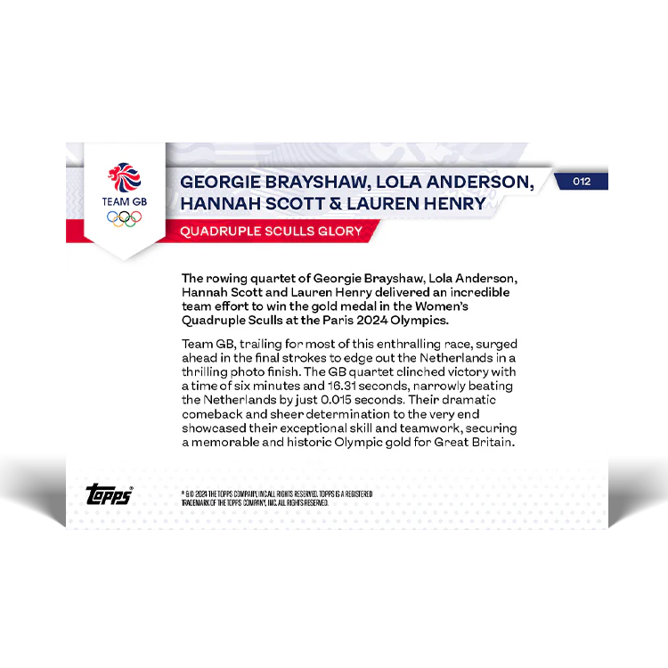 Lauren Henry, Hannah Scott, Lola Anderson & Georgie Brayshaw - Quadruple Sculls glory - 2024 Team GB TOPPS NOW® Card 12