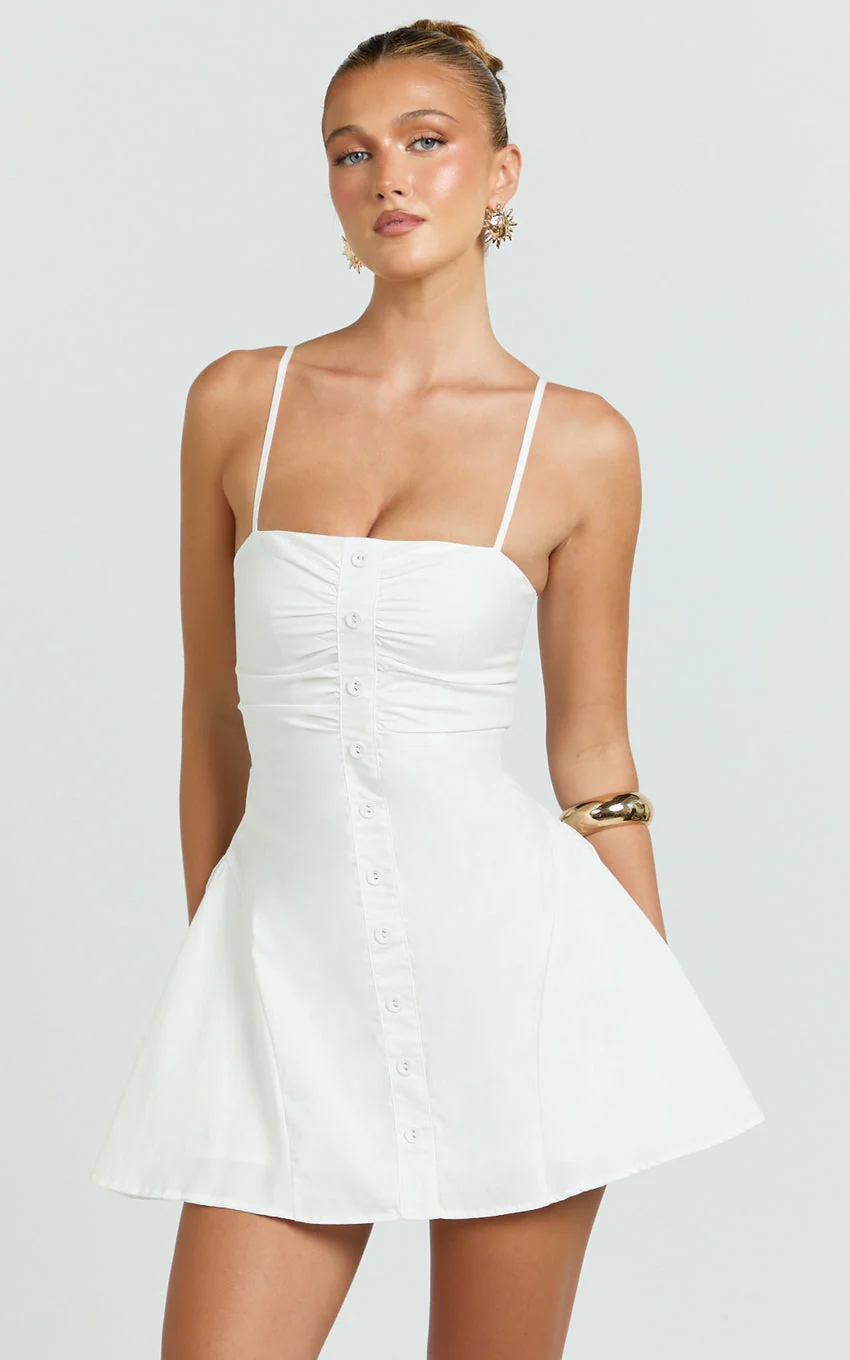 Monet Mini Dress - Button Down Ruched Front Fit And Flare Dress in Off White