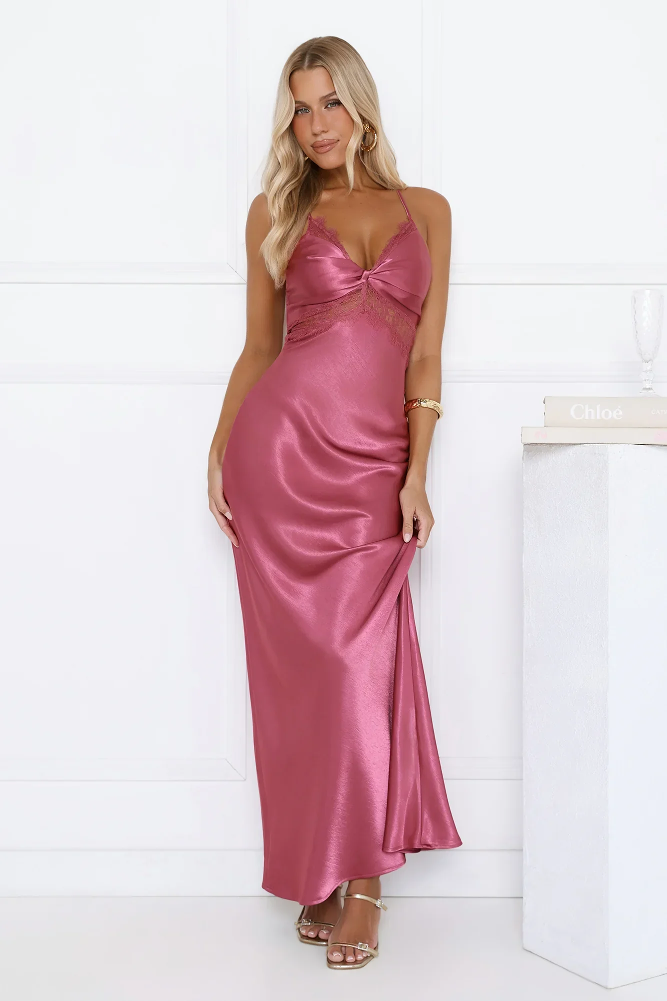Satin Lace Twist Front Crisscross Maxi Dress Berry