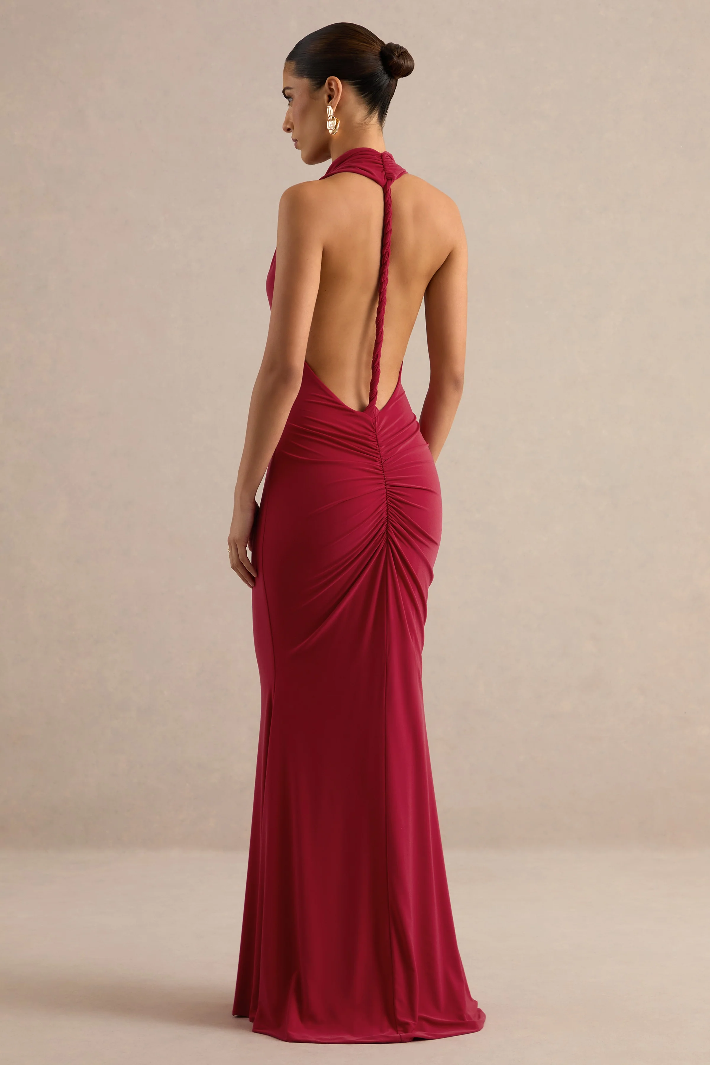 Lyrielle | Red Jersey High Neck Maxi Dress With Ruching And Twist Back Detail