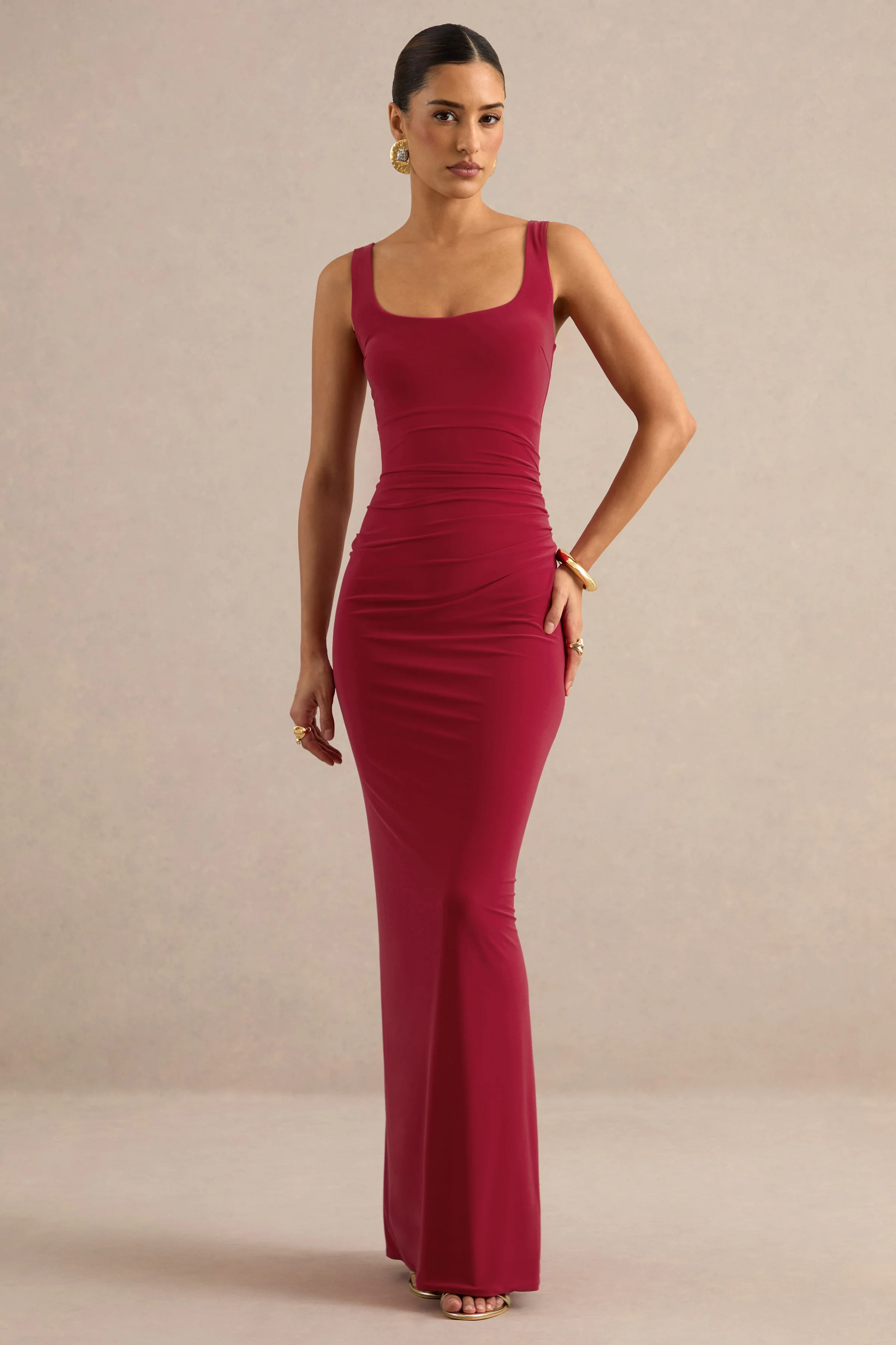 Elif | Red Jersey Square Neck Maxi Dress With Draped Detailing