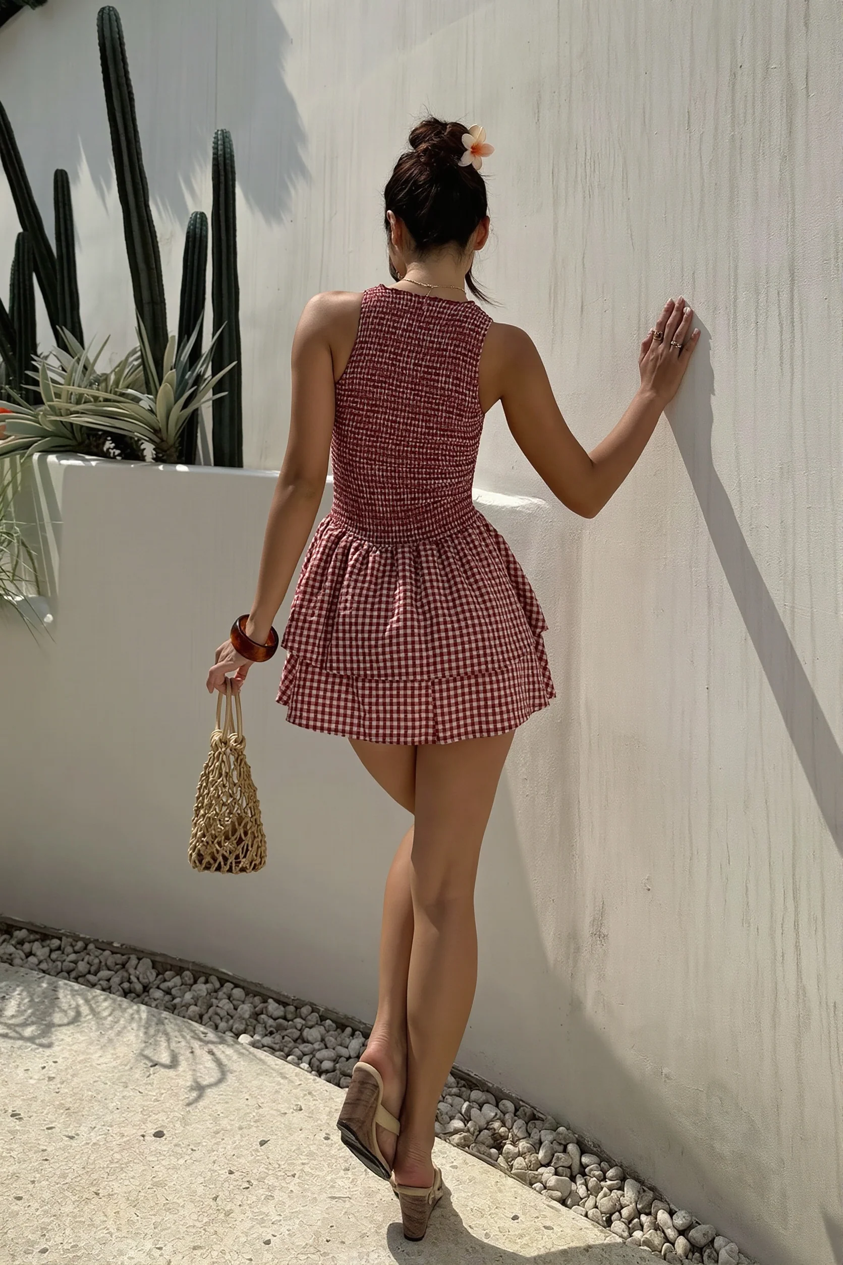 Plaid Smocked Sleeveless Flared Mini Dress