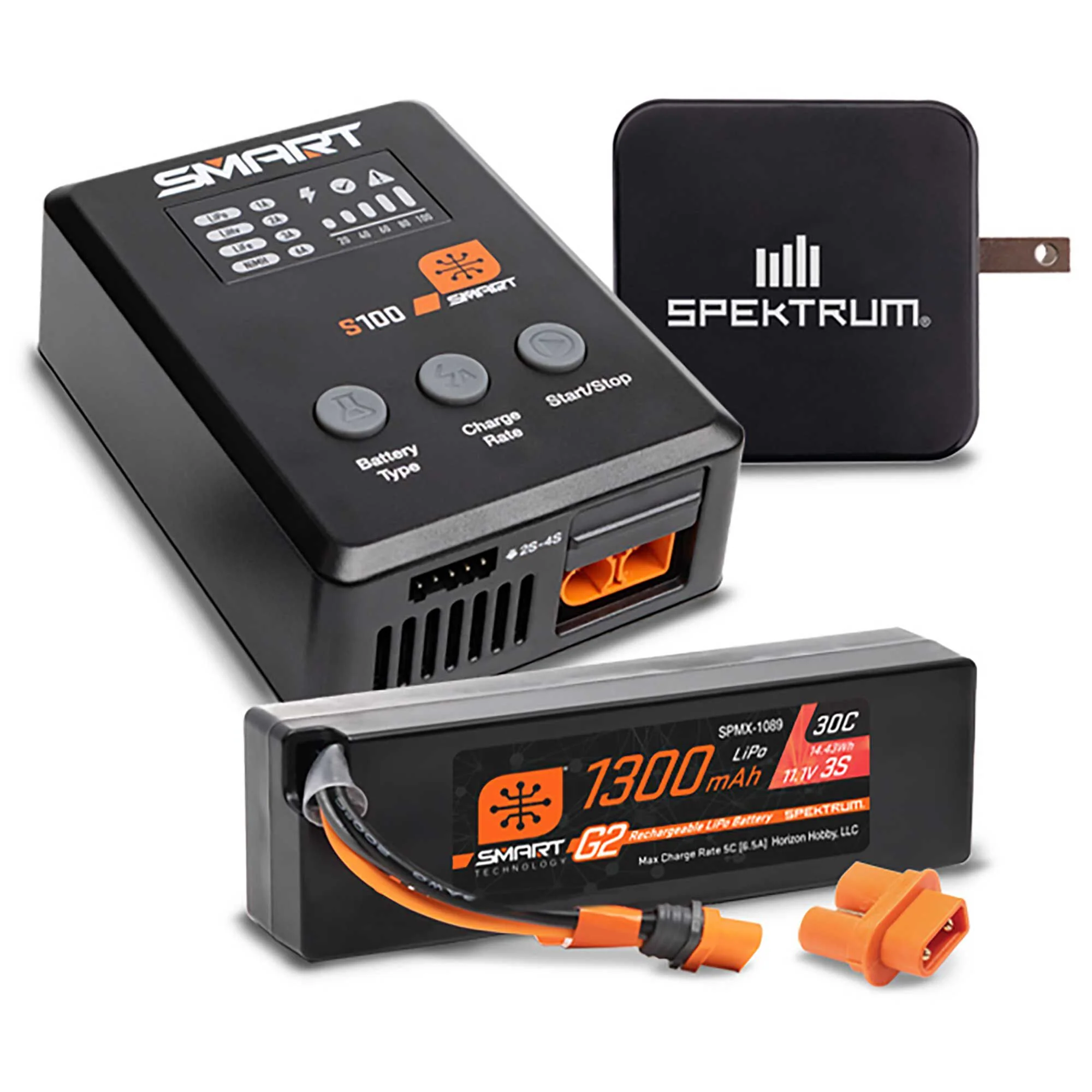 Smart Powerstage Bundle: 1300mAh 3S 30C LiPo Battery (IC2) / S100 Charger, Spektrum, SPMXPSS315
