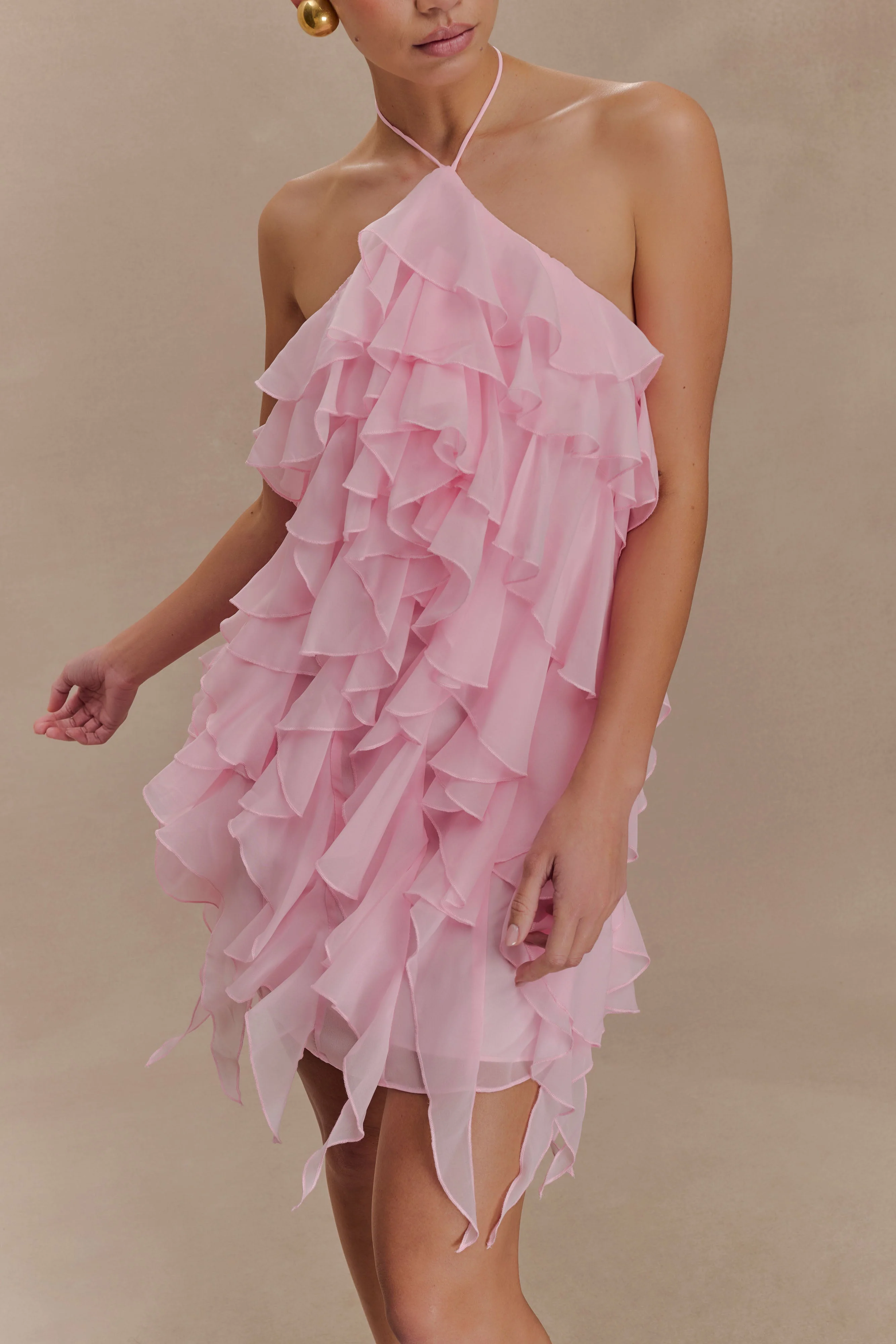Marigold Ruffle Halter Mini Dress - Powder Pink