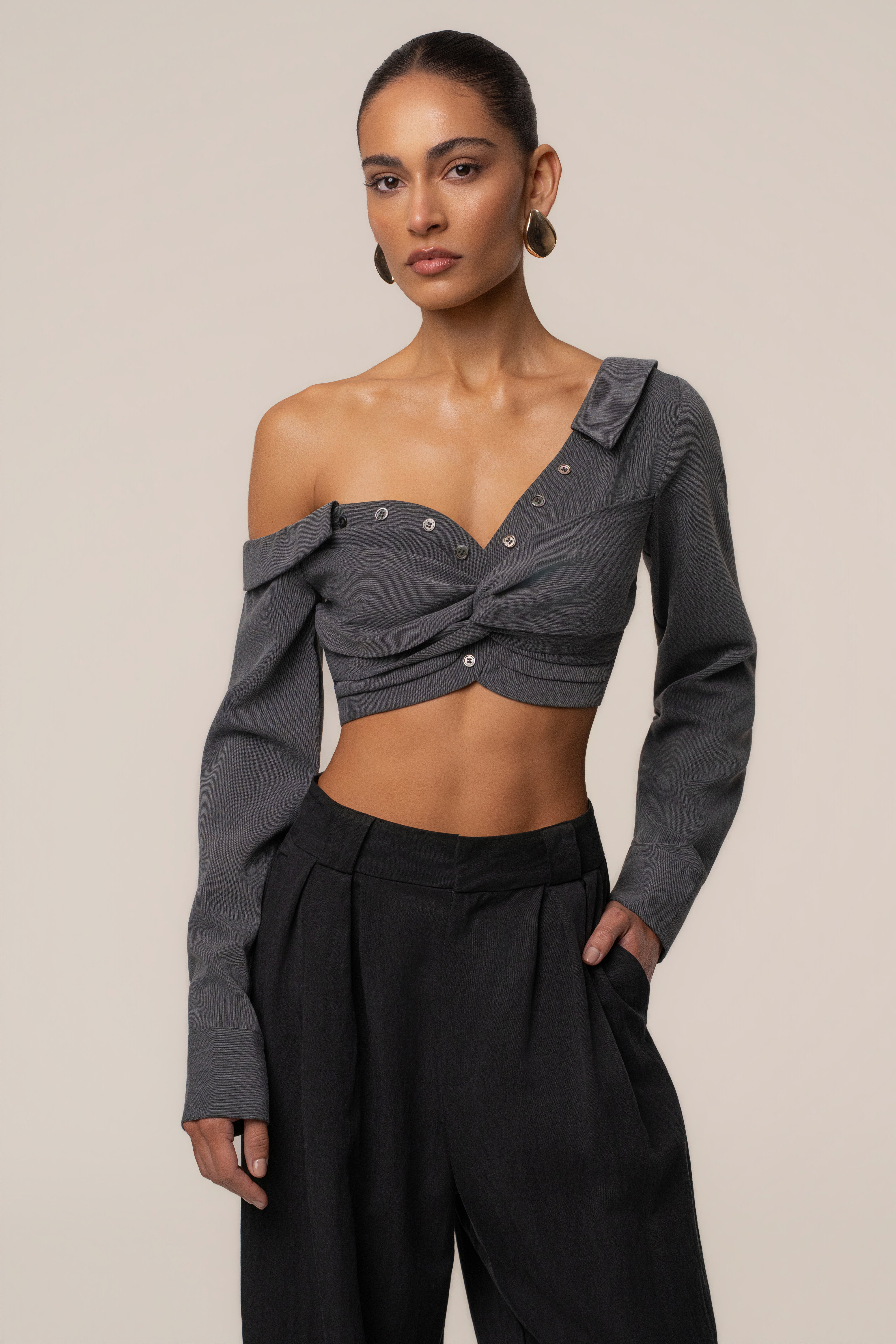 Grey Off-Shoulder Twist Crop Top