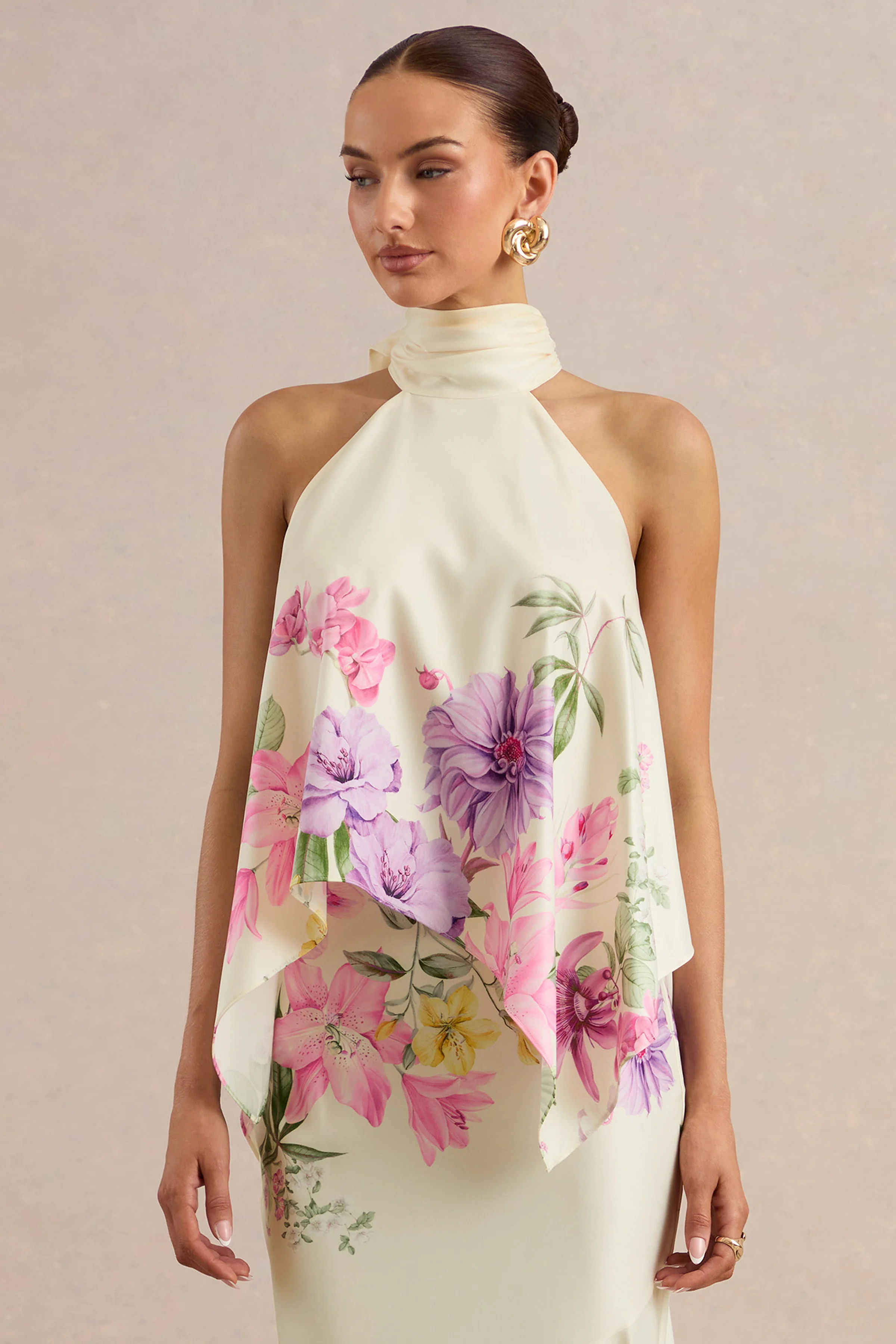Sancelle | Cream Border Floral Print Satin High Neck Top With Ruching