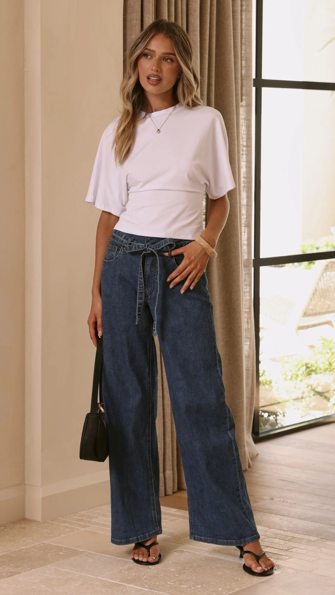 Vicky Tie Waist Straight Leg Jeans - Dark Wash