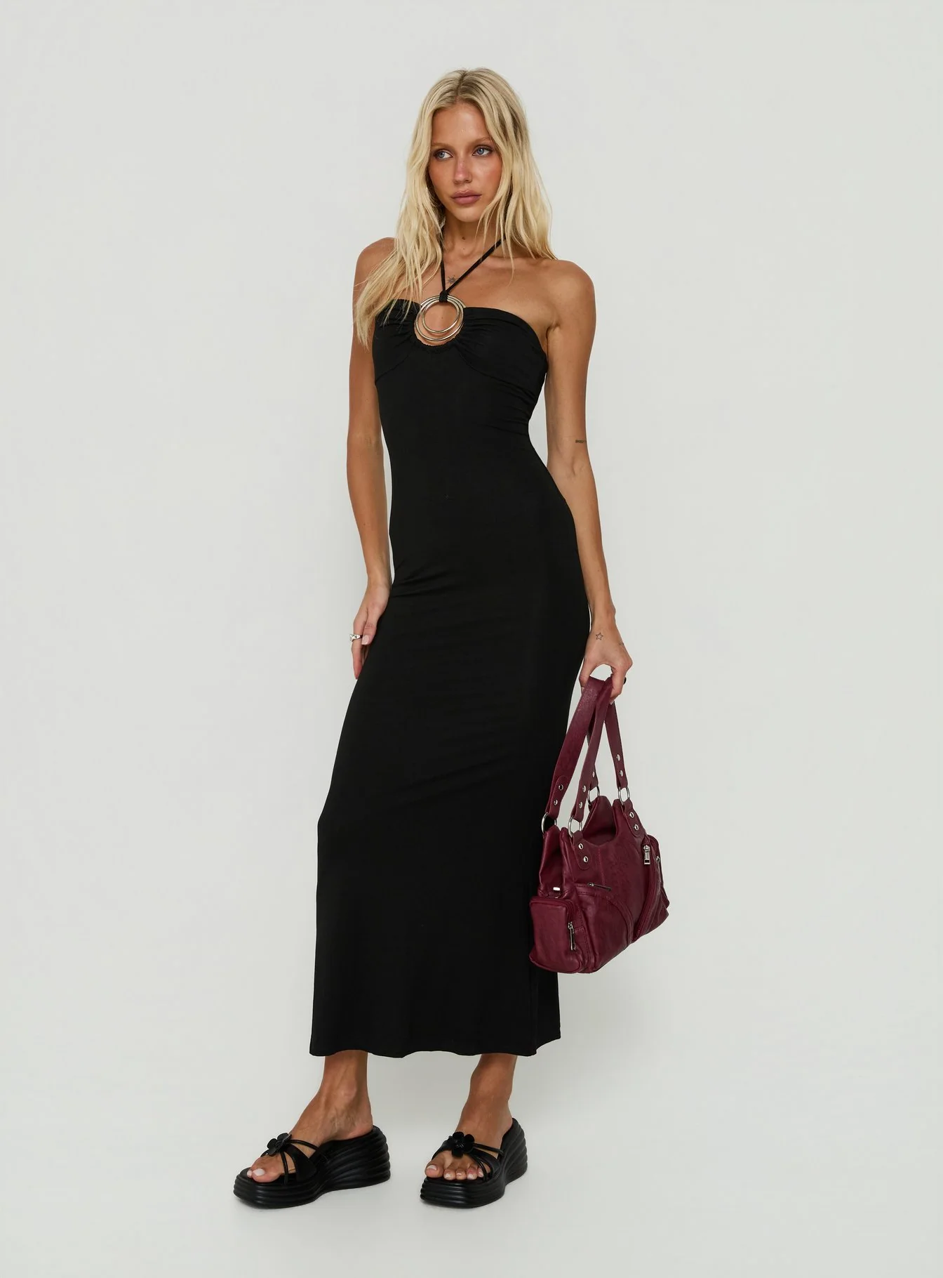 Betsey Ring Detail Tie Neck Dress Black