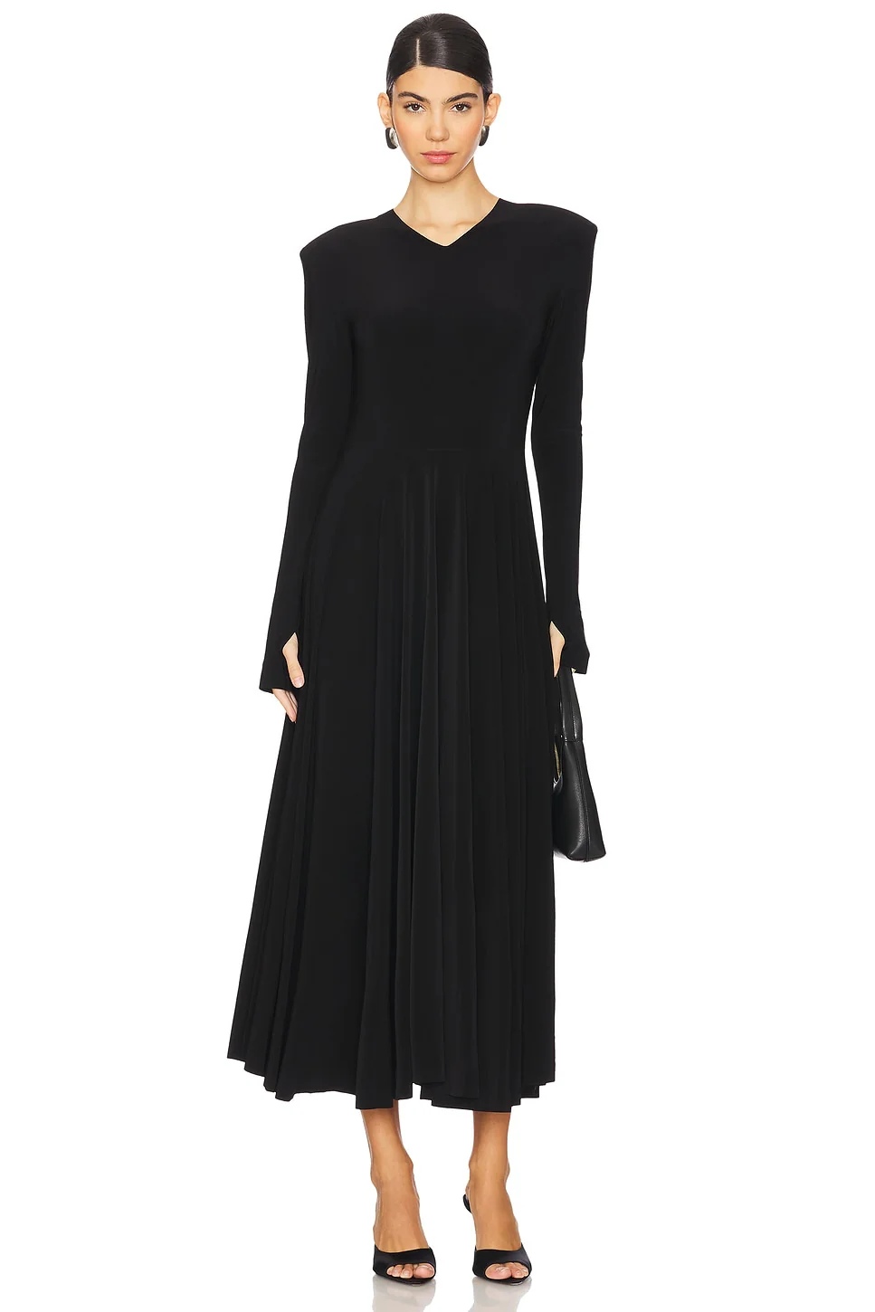 Long Sleeve Shoulder Pad V Neck Flared Dress