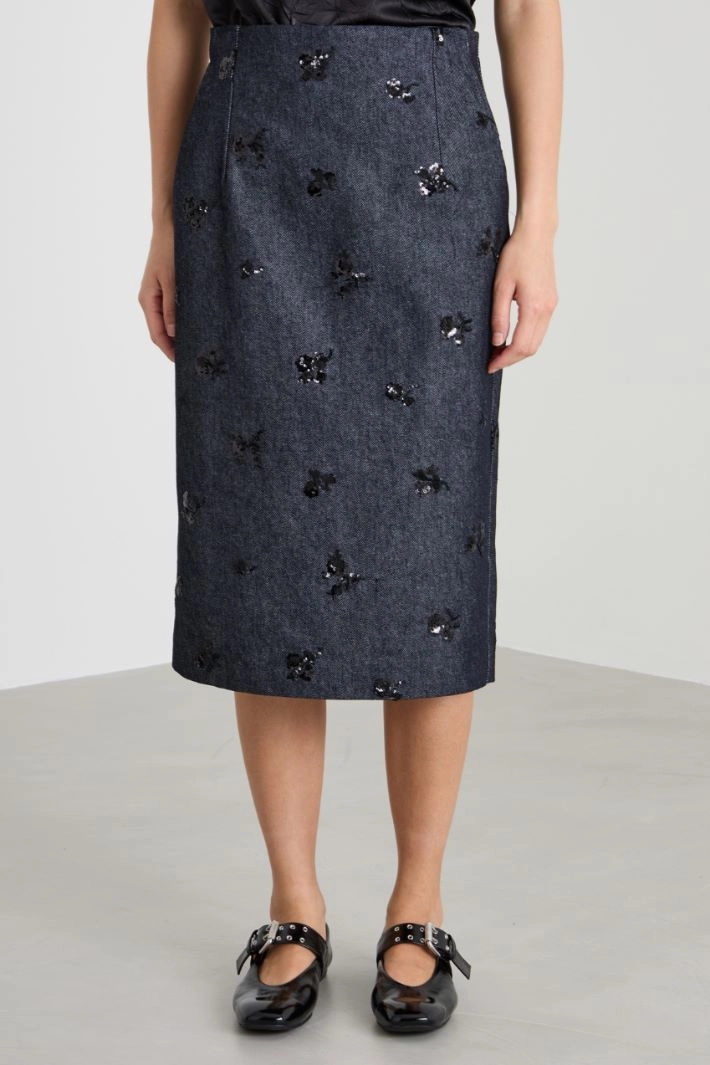 Rhinestone-embellished denim skirt - BLACK