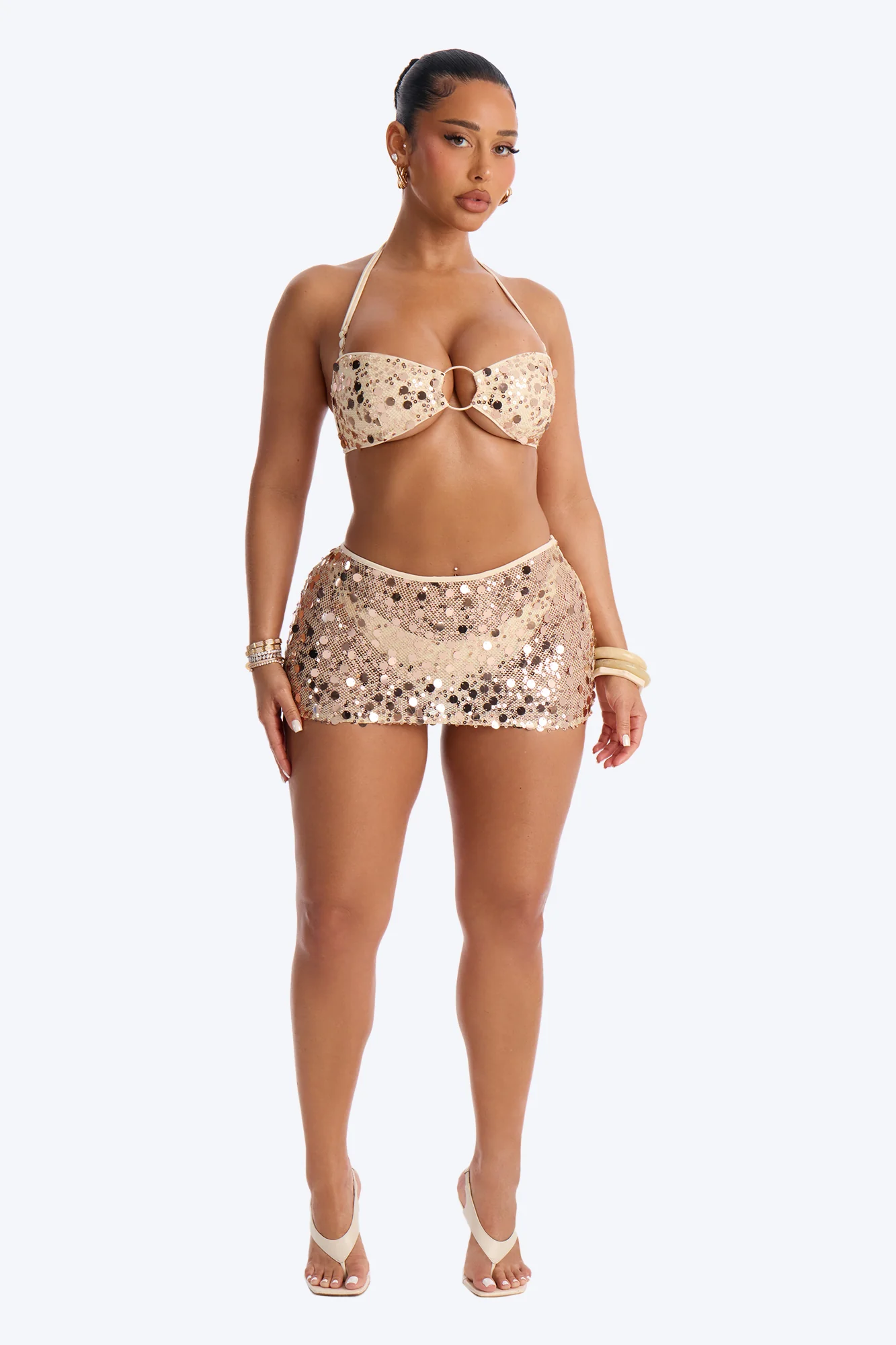 Teagan 3 Piece Sequin Halter Bikini & Cover Up Mini Skirt Sunsuit - Gold