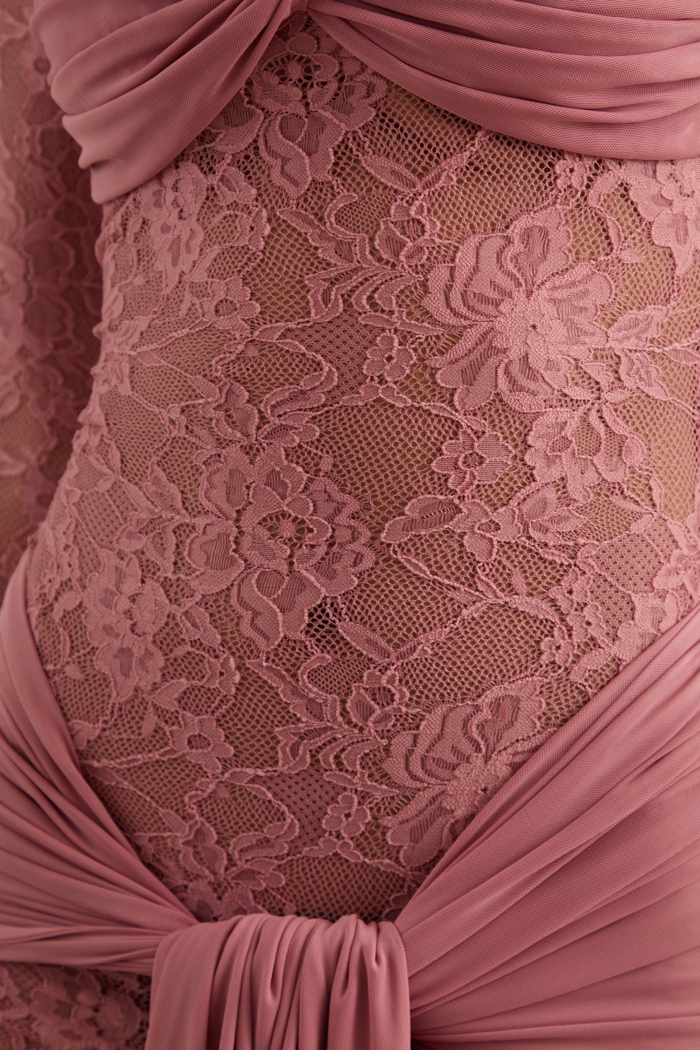 Akira | Blush Sheer Lace High Neck Long Sleeve Maxi Dress With Gathered Detailing And Sash