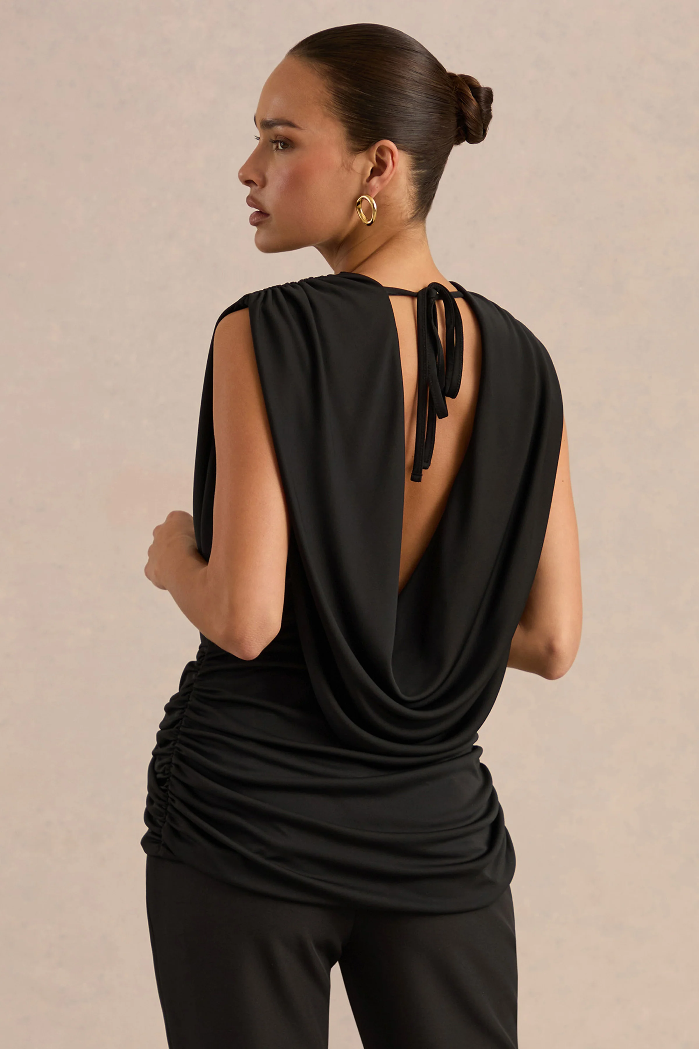 Larina | Black Jersey Plunge Ruched Top With Draped Detailing And Tie Back