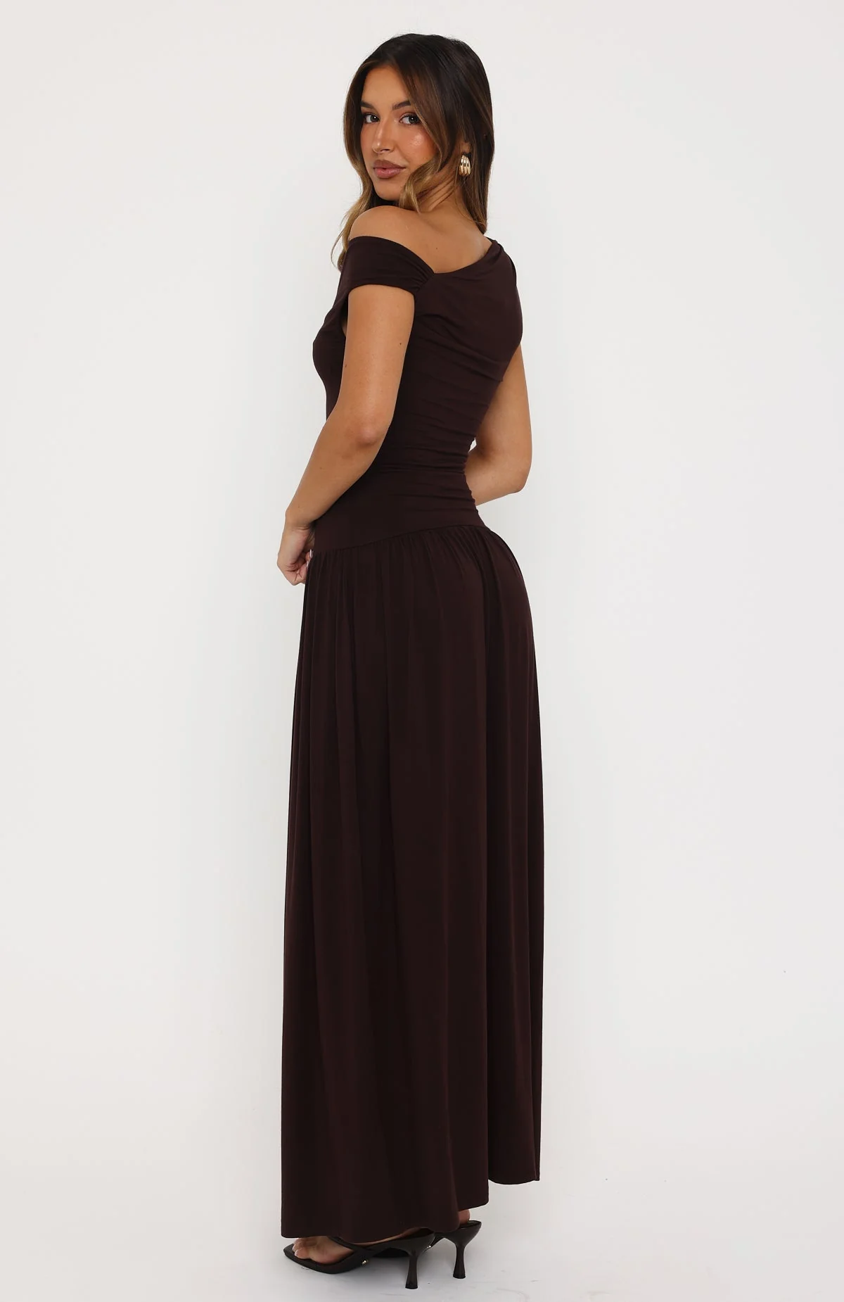 Don't Ask Off Shoulder Maxi Dress Dark Chocolate