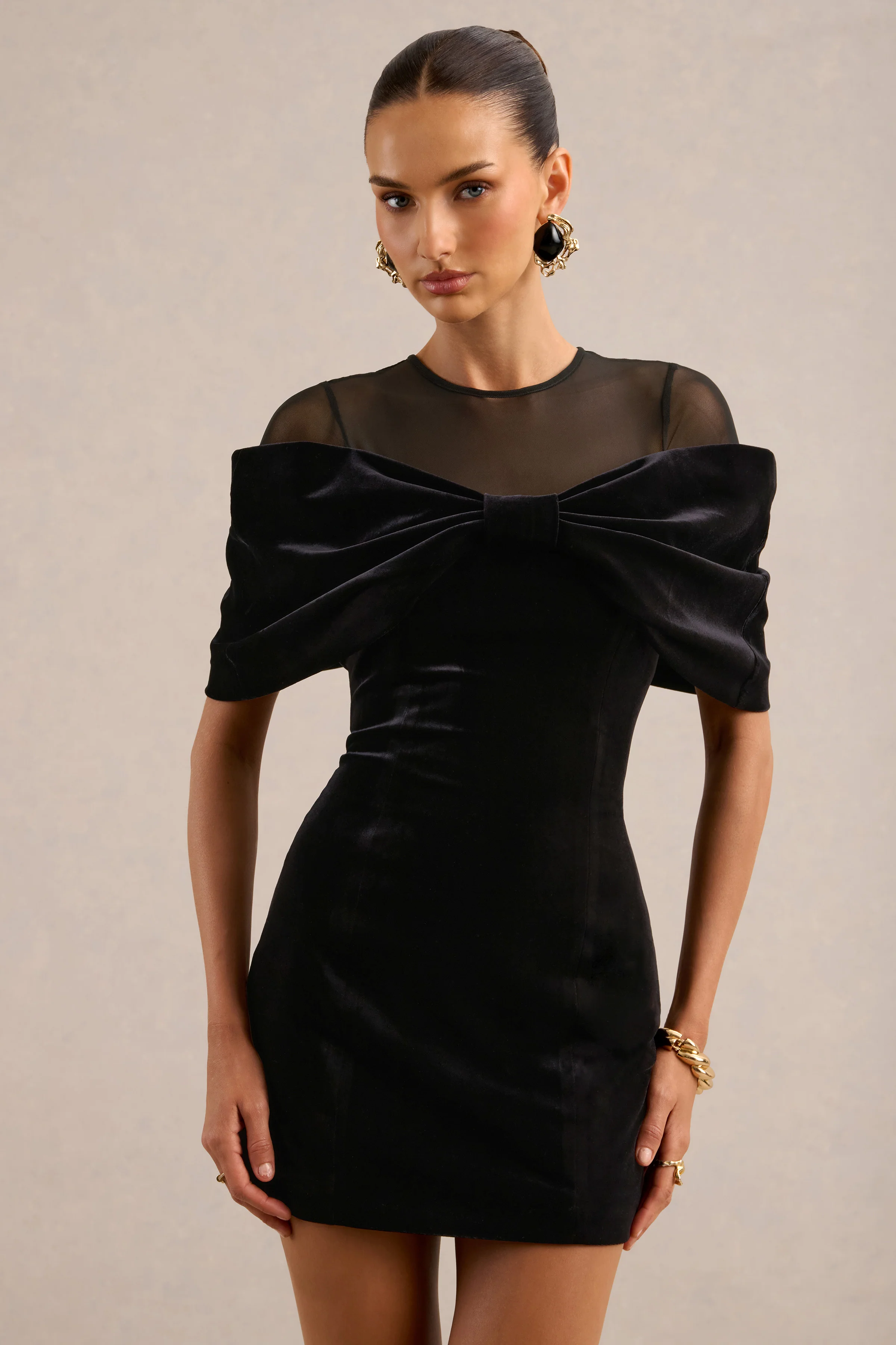 Accalia | Black Velvet Round Neck Short Sleeve Mini Dress With Mesh Panel And Bow Detail