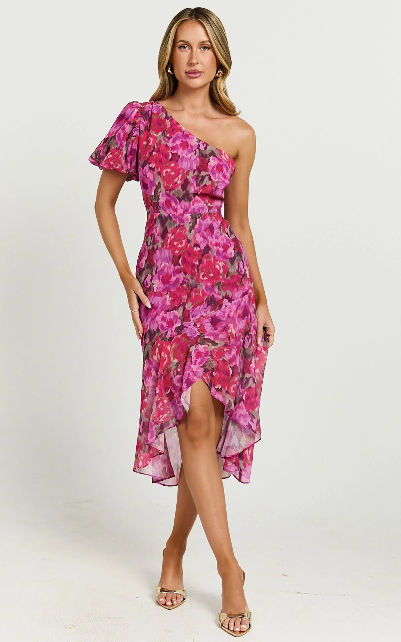 Clabelle Midi Dress - One Shoulder Ruffle Tulip Hem Dress in Violette Blur Floral
