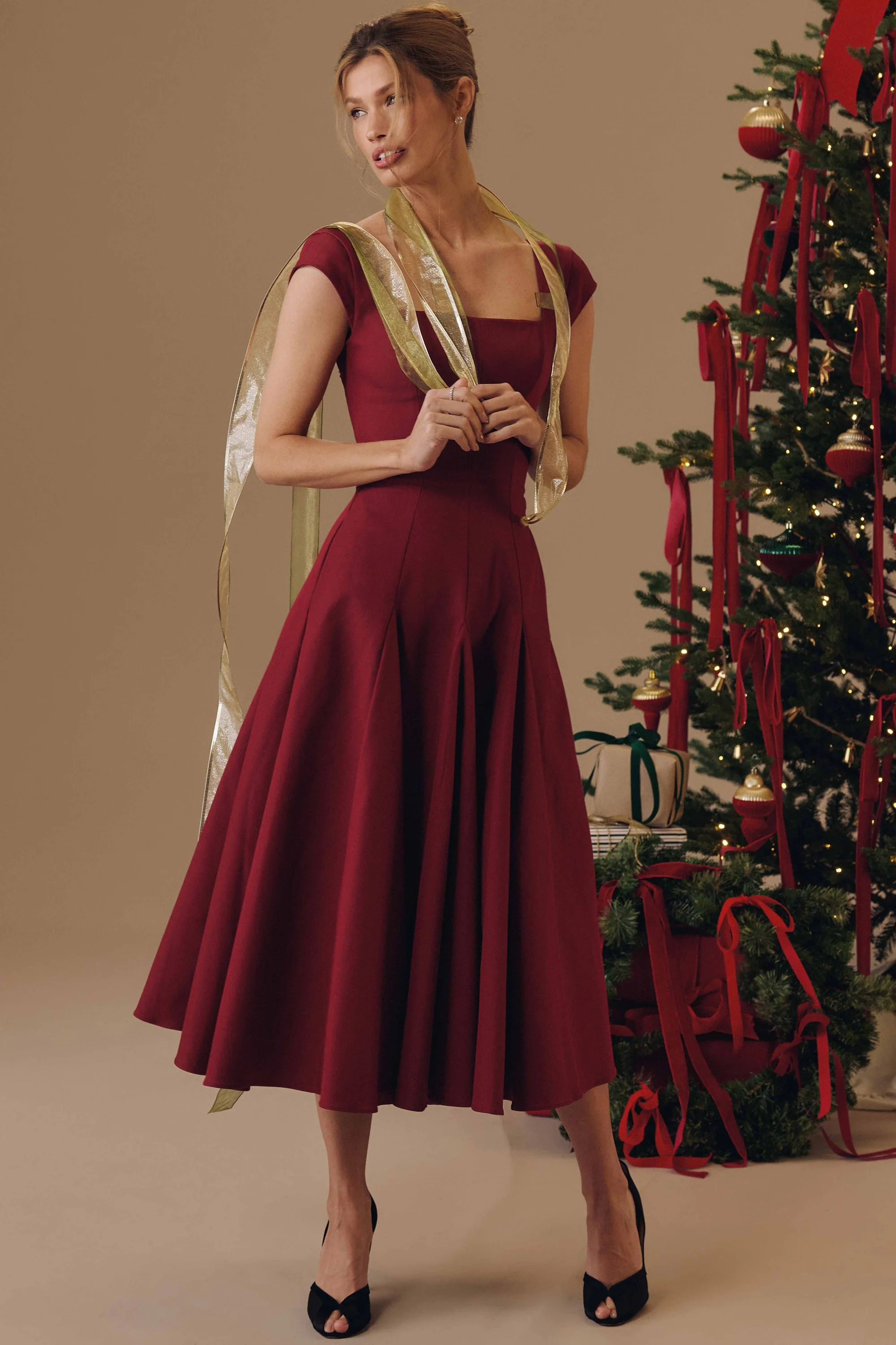 wine lace back twill midi dress